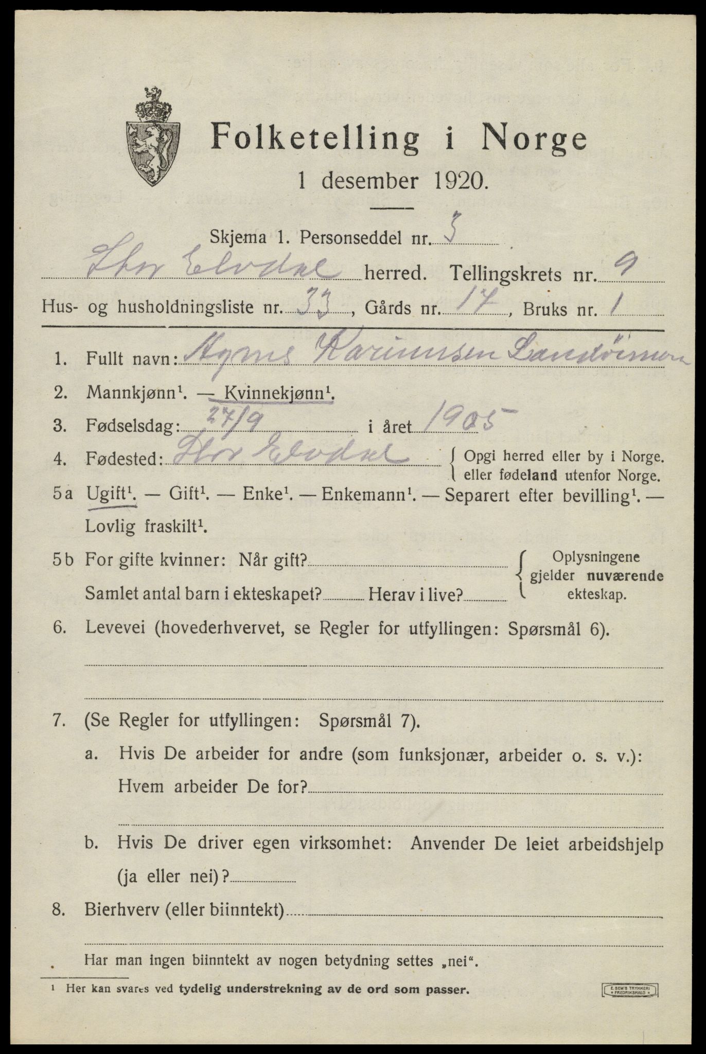 SAH, Folketelling 1920 for 0430 Stor-Elvdal herred, 1920, s. 8872