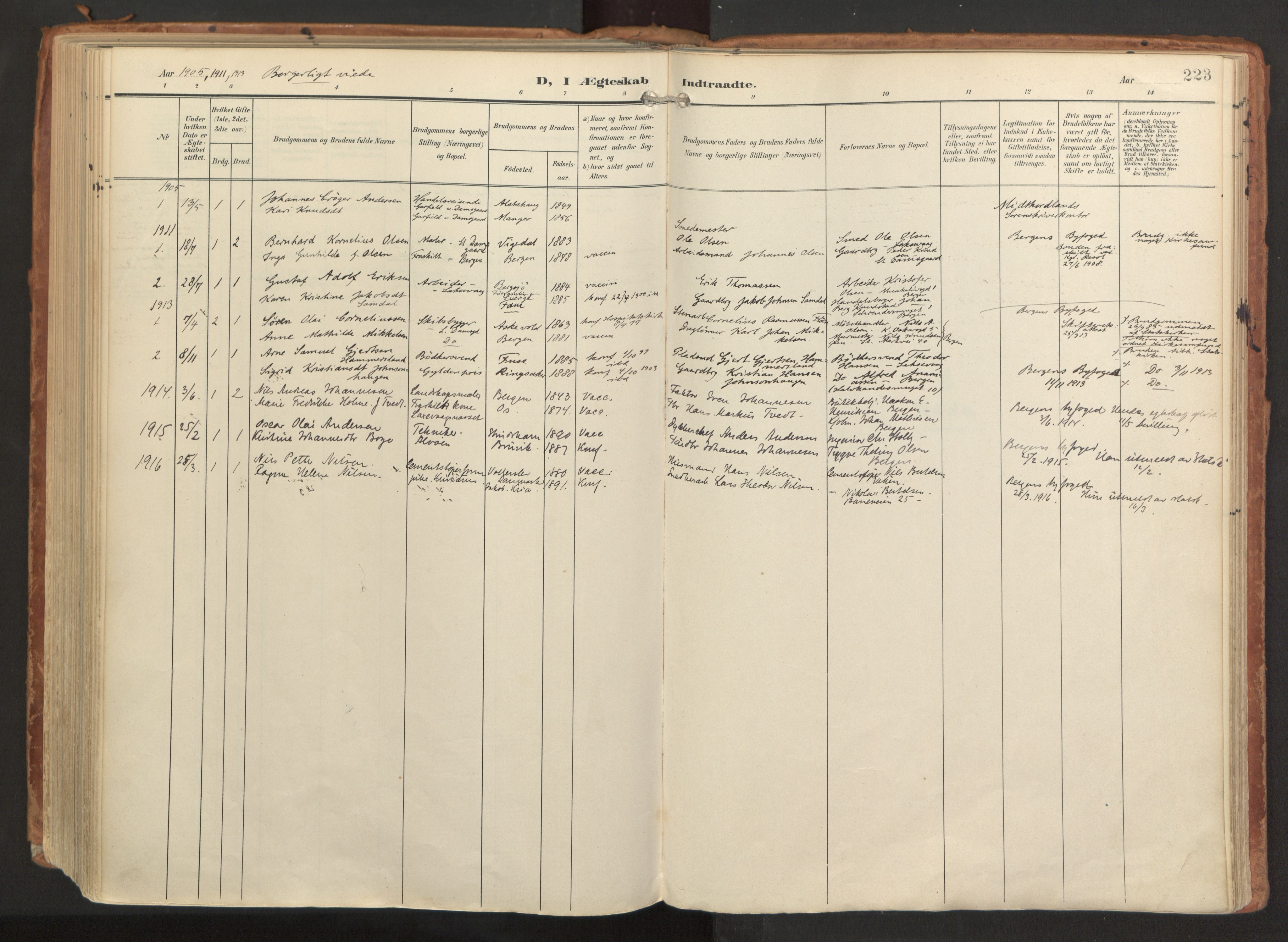 Laksevåg Sokneprestembete, AV/SAB-A-76501/H/Ha/Haa/Haaa/L0001: Ministerialbok nr. A 1, 1903-1917, s. 223