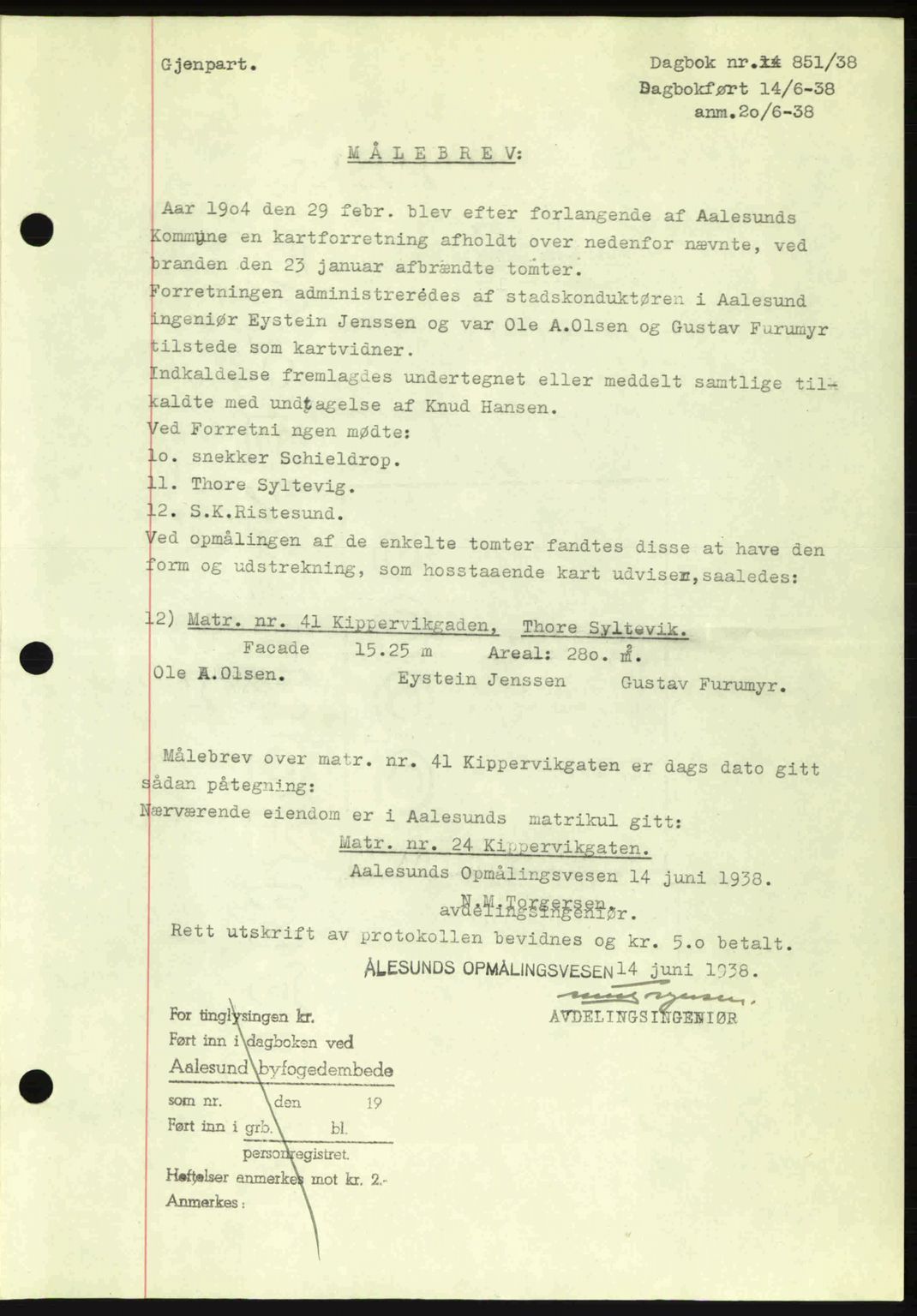 Ålesund byfogd, AV/SAT-A-4384: Pantebok nr. 34 II, 1938-1940, Dagboknr: 851/1938