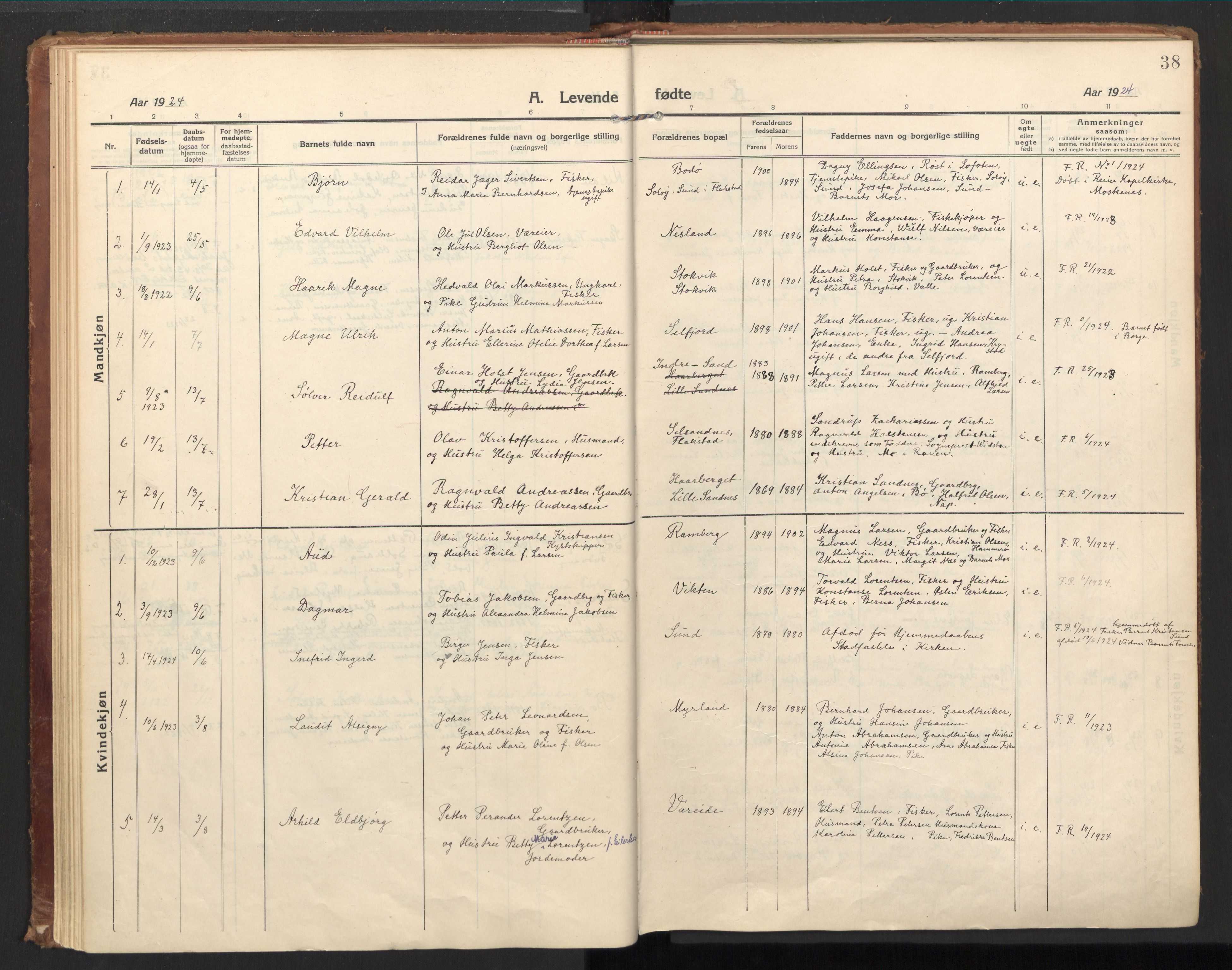 Ministerialprotokoller, klokkerbøker og fødselsregistre - Nordland, AV/SAT-A-1459/885/L1210: Ministerialbok nr. 885A10, 1916-1926, s. 38
