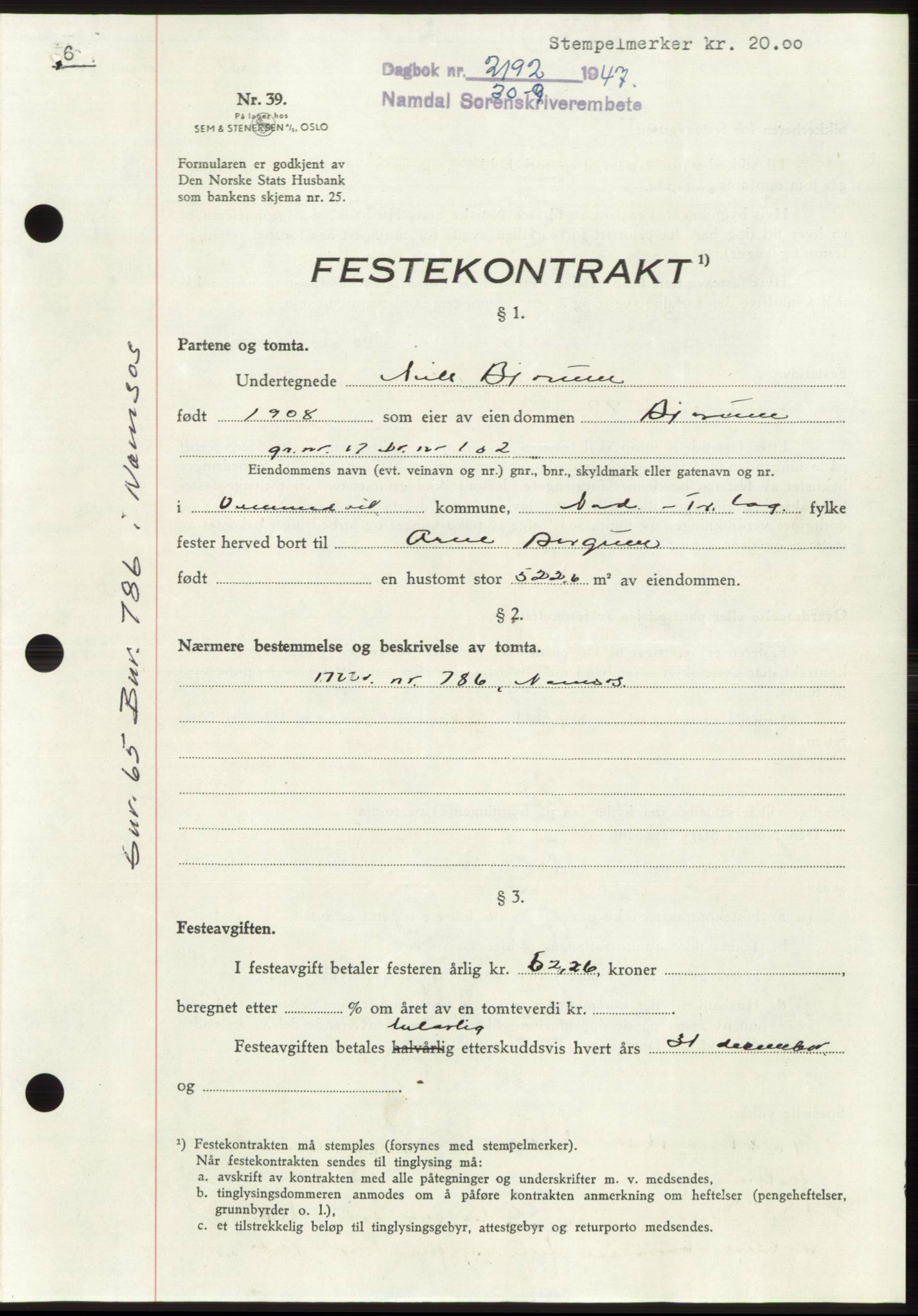 Namdal sorenskriveri, SAT/A-4133/1/2/2C: Pantebok nr. -, 1947-1947, Dagboknr: 2192/1947