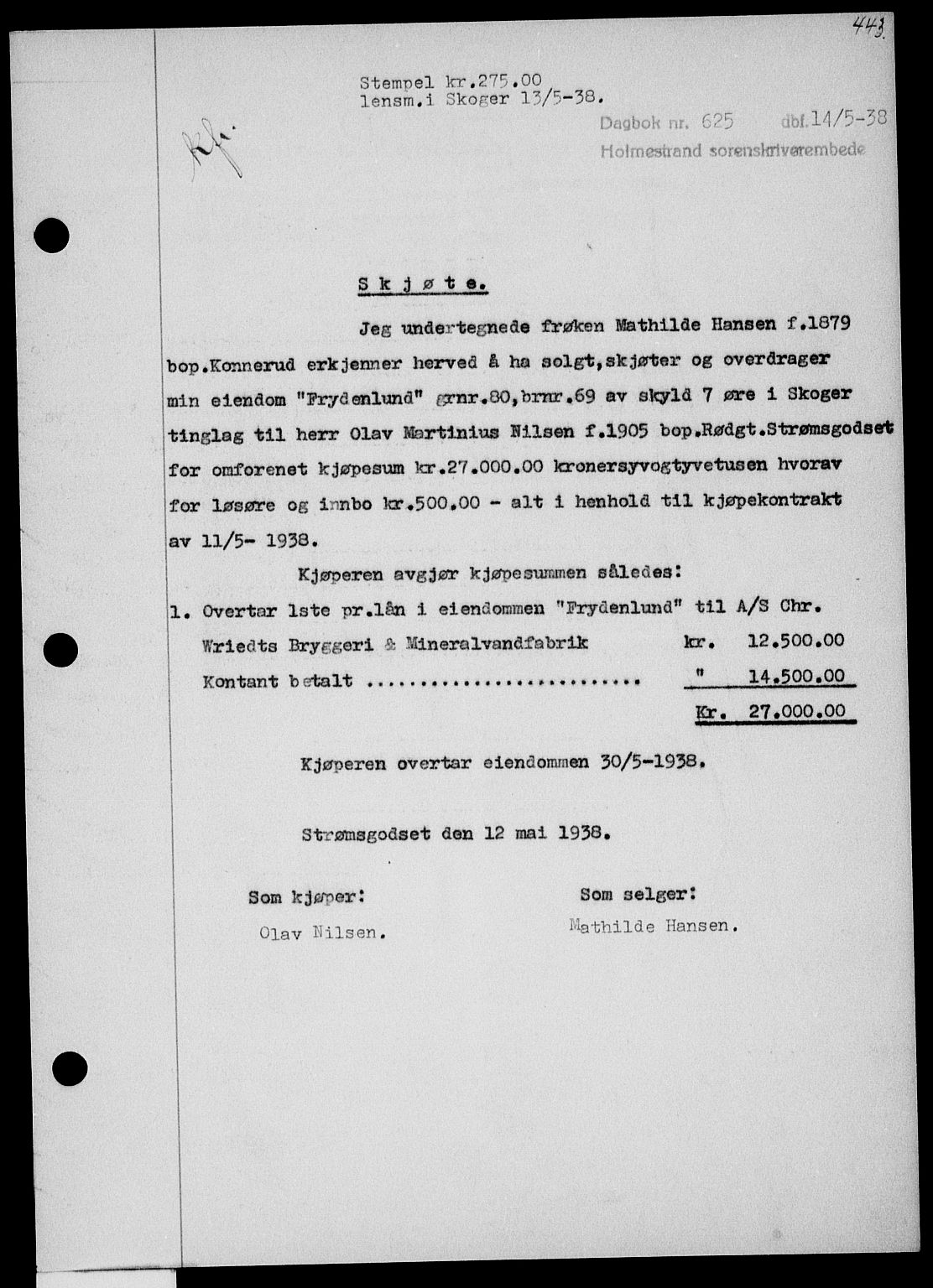 Holmestrand sorenskriveri, SAKO/A-67/G/Ga/Gaa/L0049: Pantebok nr. A-49, 1937-1938, Dagboknr: 625/1938