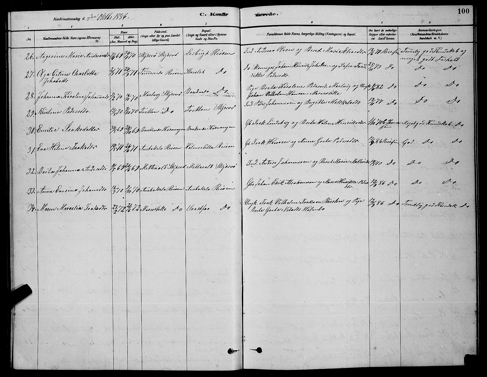 Skjervøy sokneprestkontor, AV/SATØ-S-1300/H/Ha/Hab/L0020klokker: Klokkerbok nr. 20, 1878-1892, s. 100