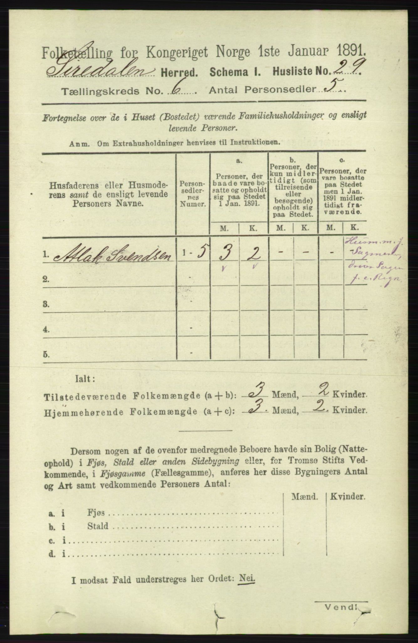 RA, Folketelling 1891 for 1046 Sirdal herred, 1891, s. 1620