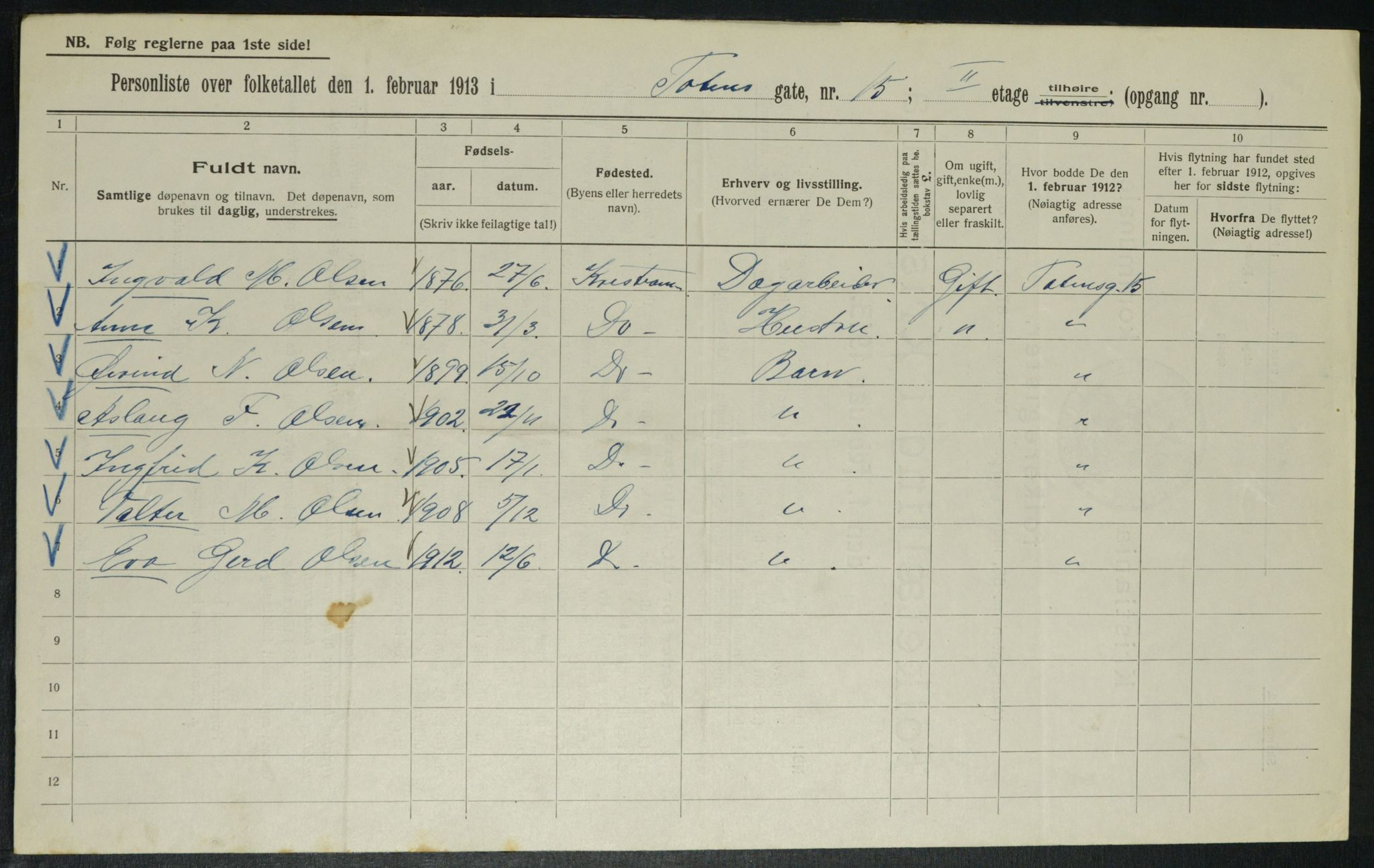 OBA, Kommunal folketelling 1.2.1913 for Kristiania, 1913, s. 115509