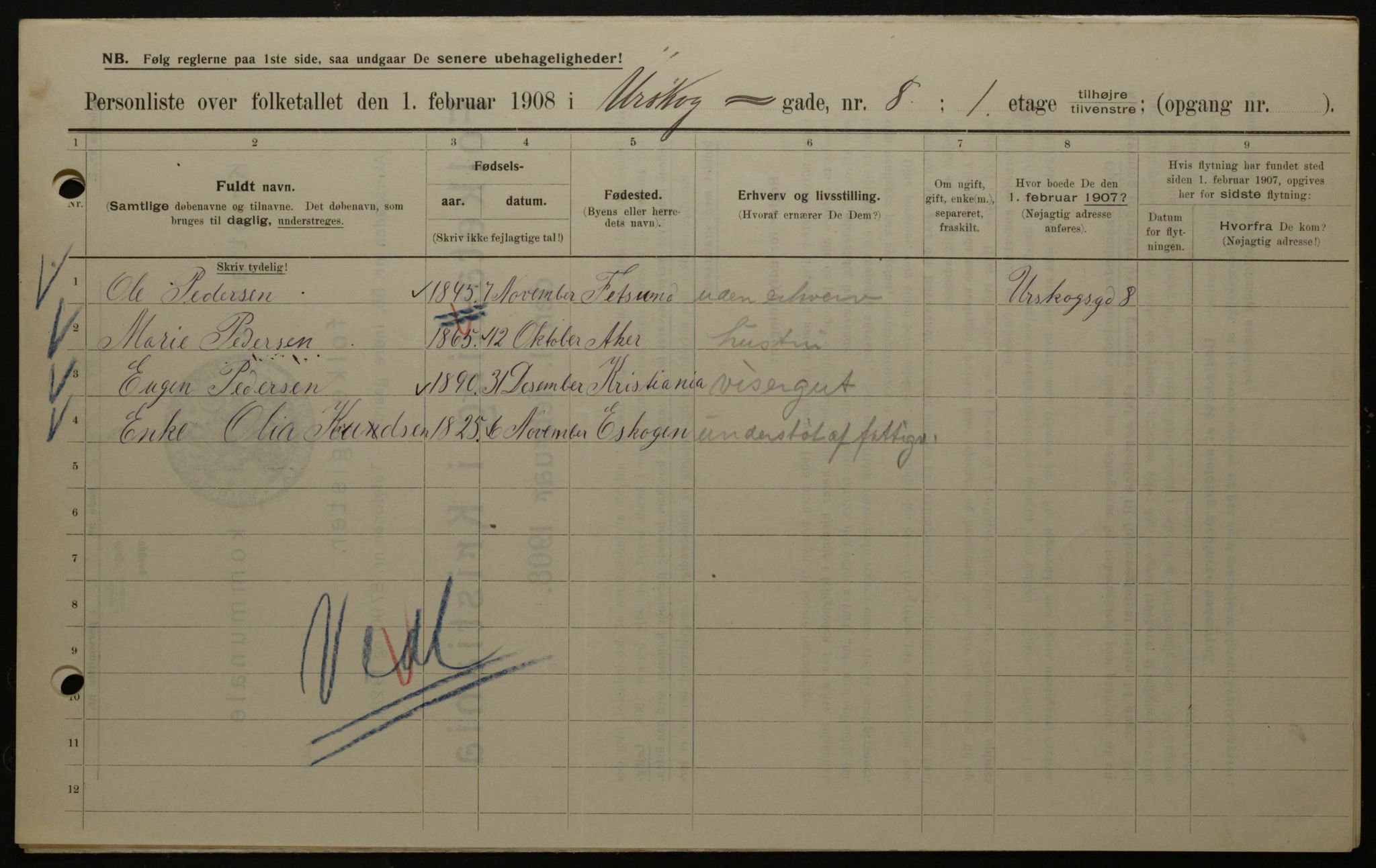 OBA, Kommunal folketelling 1.2.1908 for Kristiania kjøpstad, 1908, s. 2666