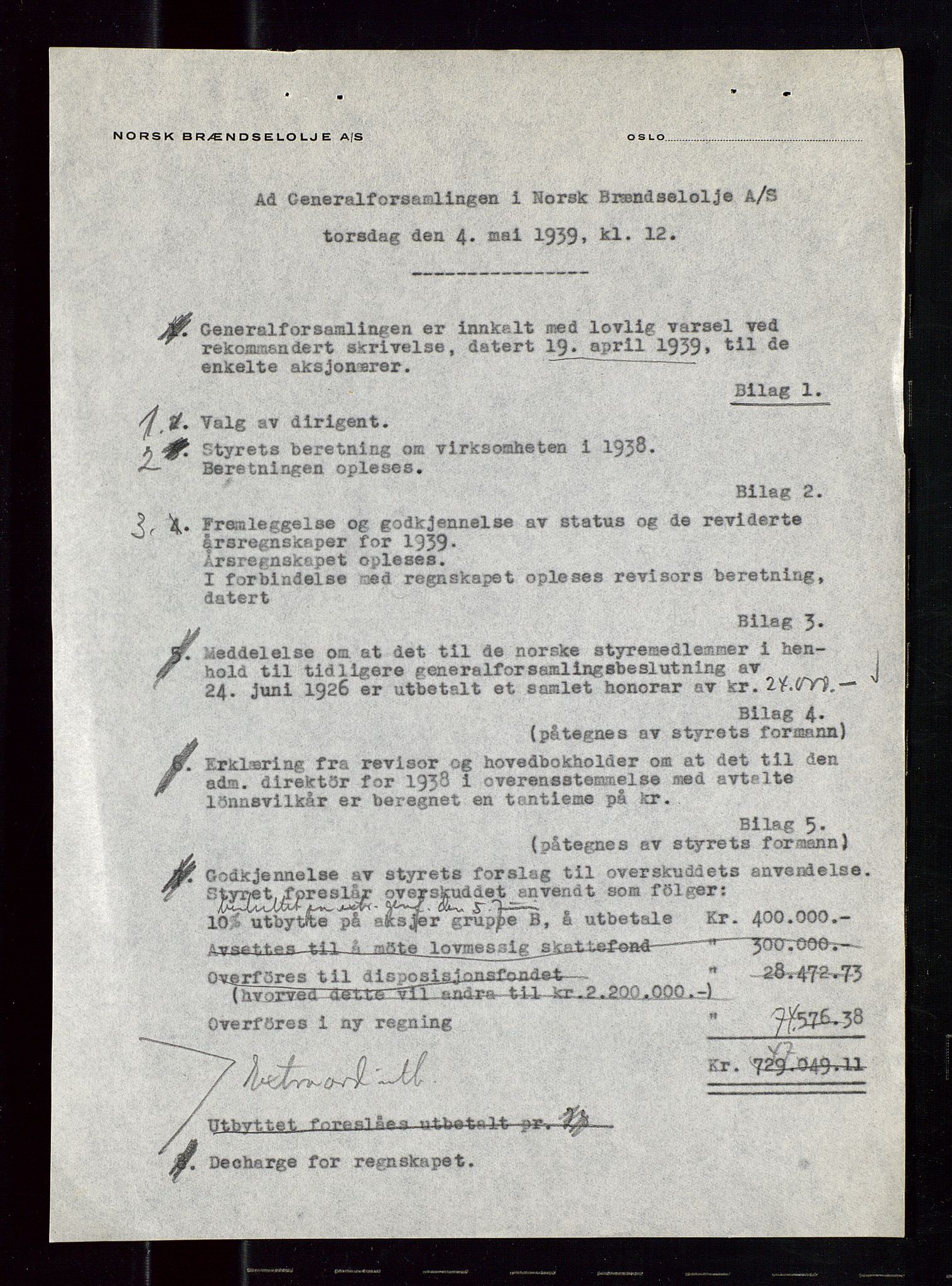 PA 1544 - Norsk Brændselolje A/S, AV/SAST-A-101965/1/A/Aa/L0003/0002: Generalforsamling  / Generalforsamling 1939, 1939, s. 6