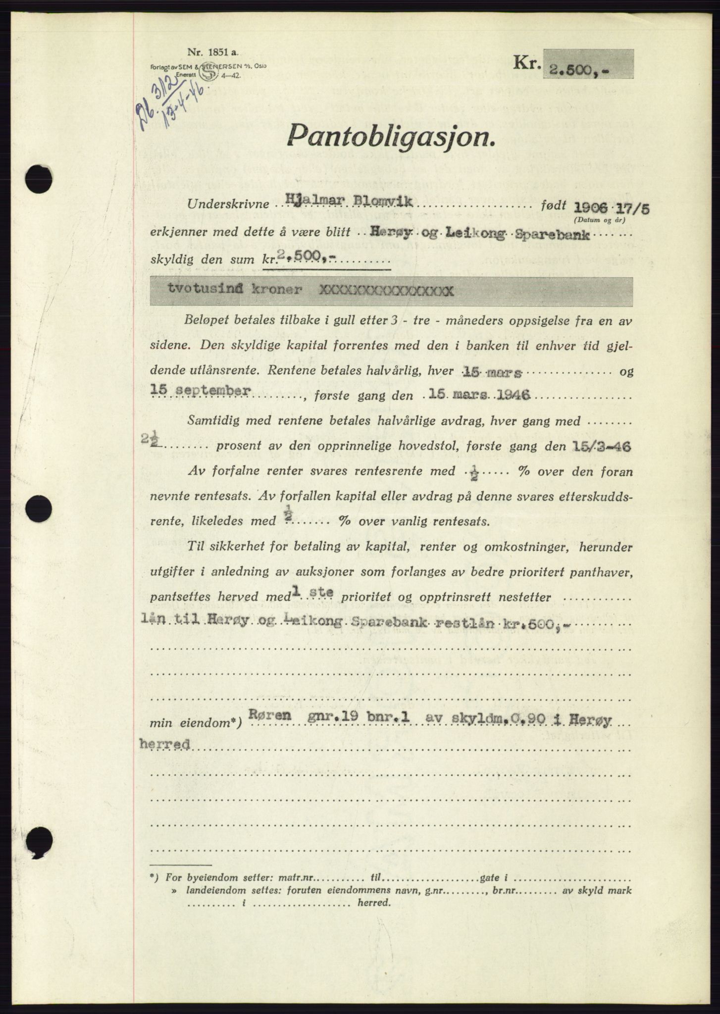 Søre Sunnmøre sorenskriveri, AV/SAT-A-4122/1/2/2C/L0114: Pantebok nr. 1-2B, 1943-1947, Dagboknr: 312/1946