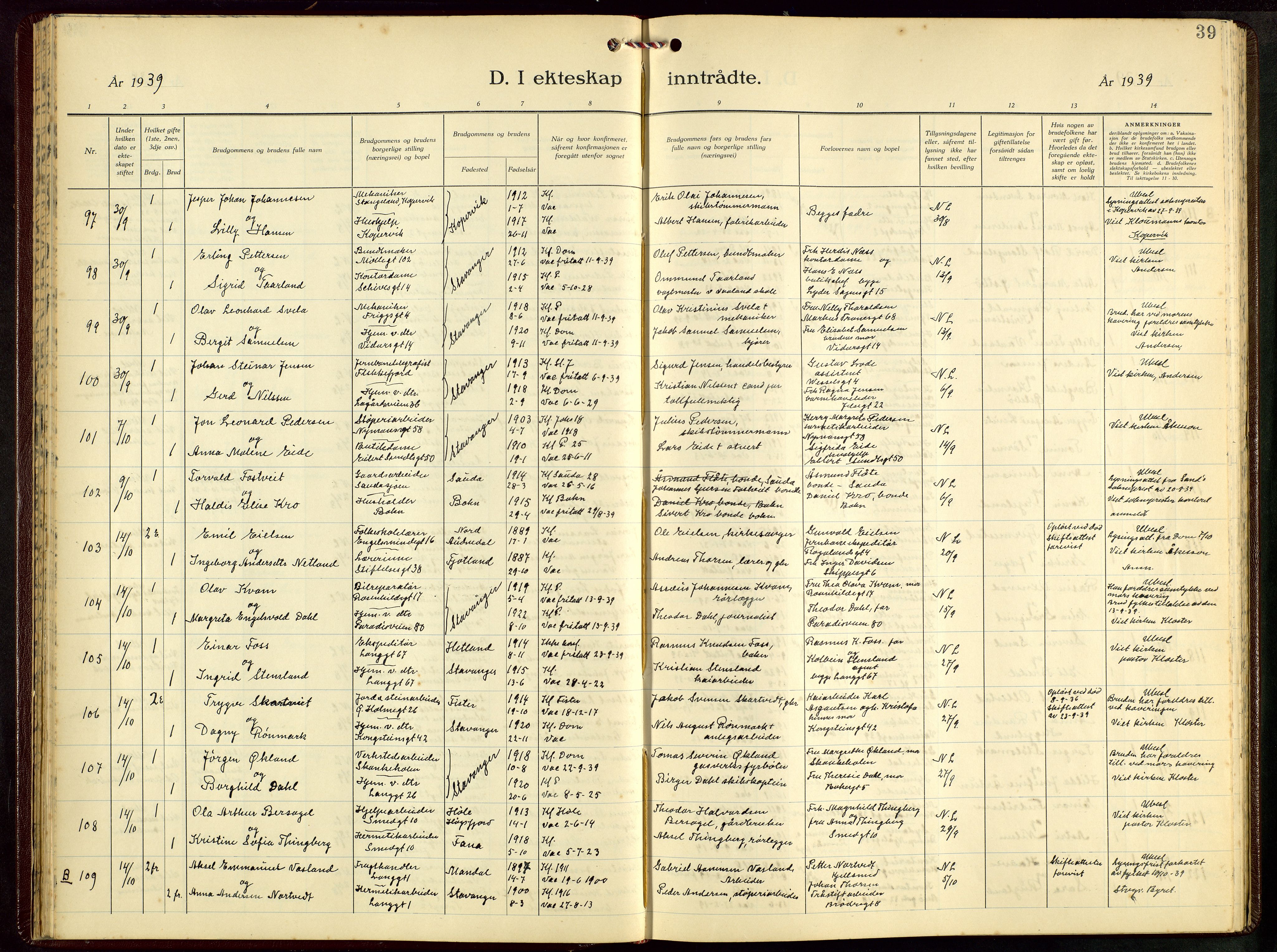 St. Petri sokneprestkontor, AV/SAST-A-101813/001/30/30BB/L0012: Klokkerbok nr. B 12, 1936-1951, s. 39