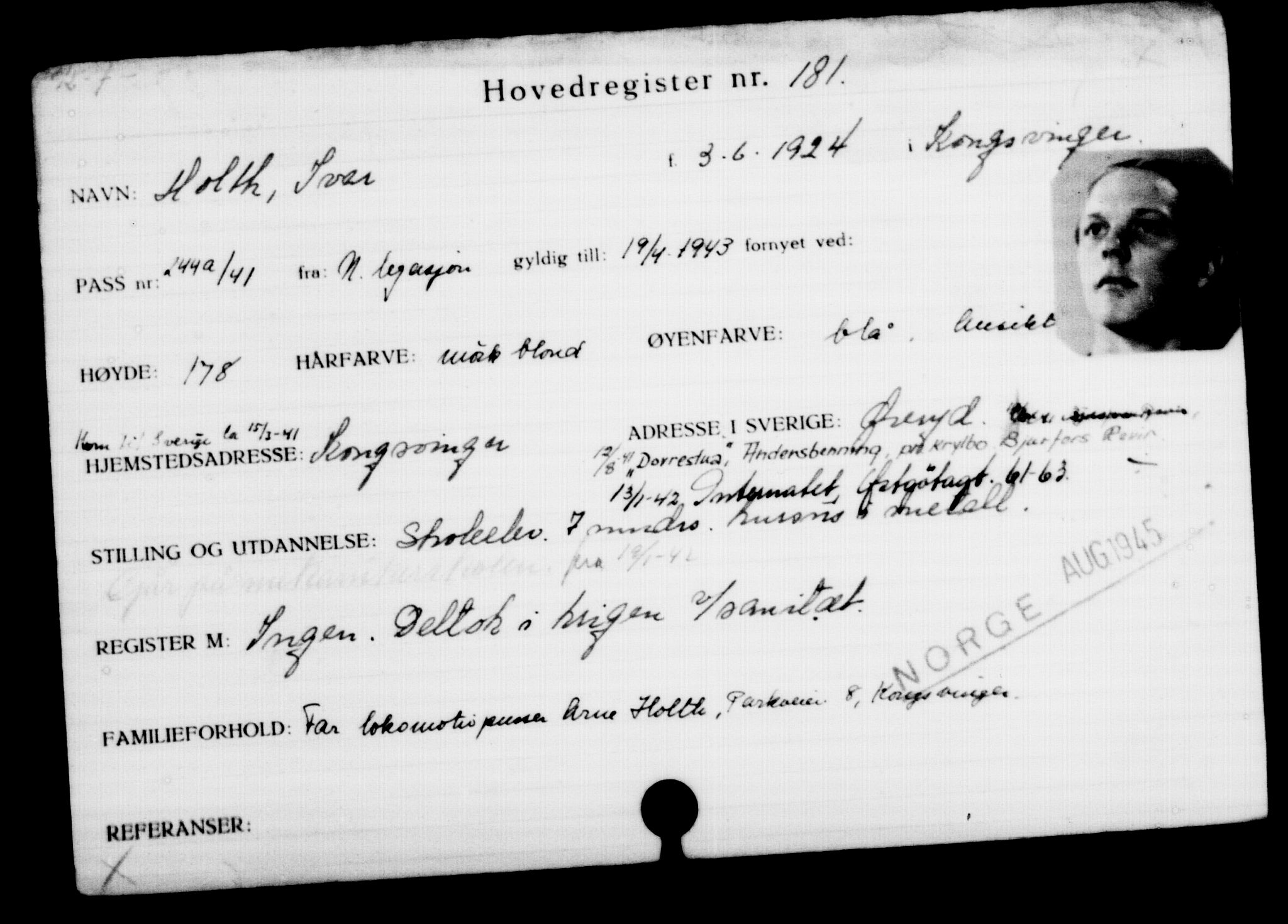 Utenriksstasjonene, Legasjonen i Stockholm, Flyktningkontoret, AV/RA-S-6753/V/Va/L0001: Kjesäterkartoteket, flyktninger med registreringsnr. 1-1000, 1940-1945, s. 291