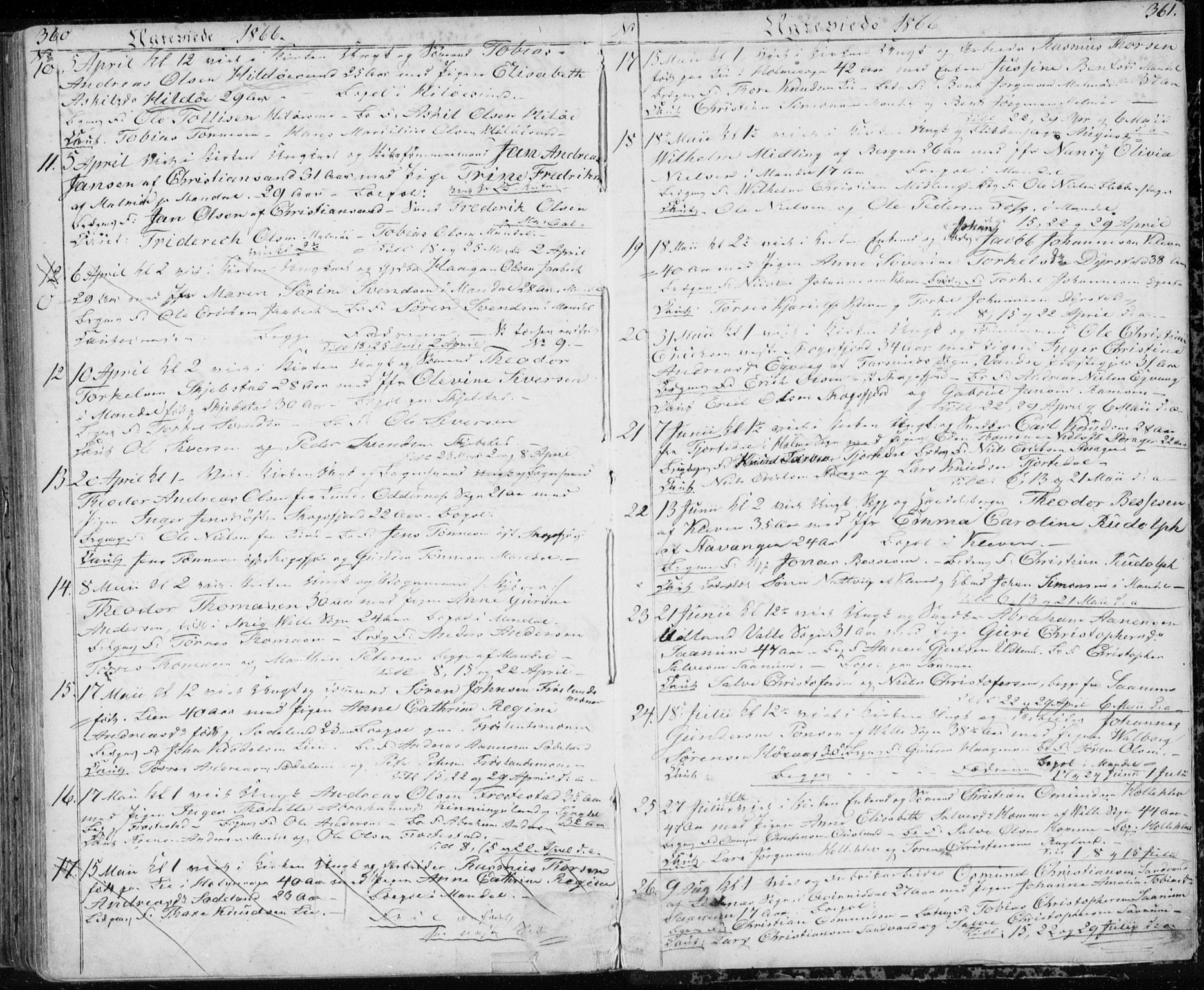 Mandal sokneprestkontor, AV/SAK-1111-0030/F/Fb/Fba/L0008: Klokkerbok nr. B 2, 1854-1868, s. 360-361