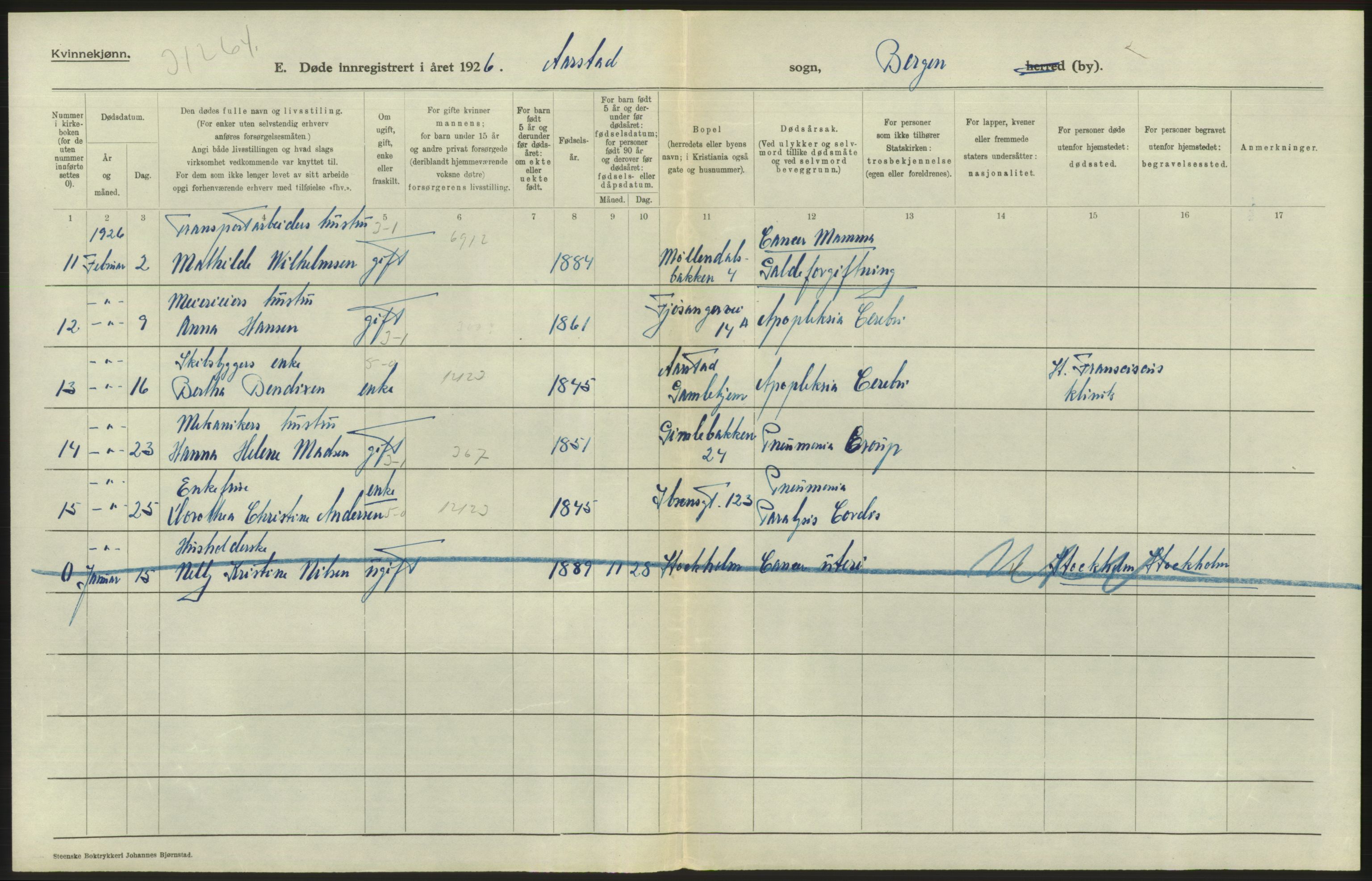 Statistisk sentralbyrå, Sosiodemografiske emner, Befolkning, AV/RA-S-2228/D/Df/Dfc/Dfcf/L0028: Bergen: Gifte, døde, dødfødte., 1926, s. 486