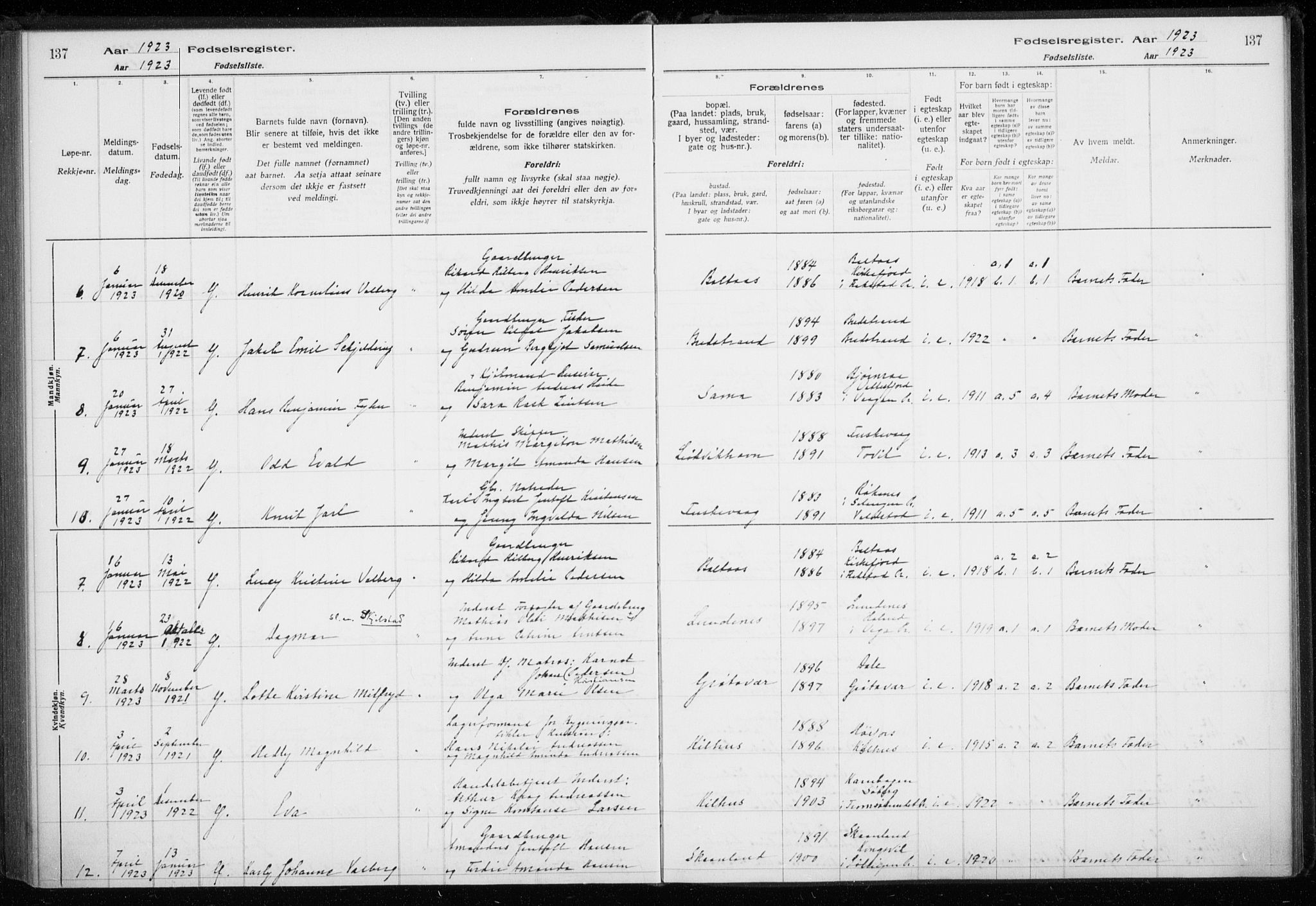 Trondenes sokneprestkontor, AV/SATØ-S-1319/I/Ia/L0089: Fødselsregister nr. 89, 1916-1925, s. 137