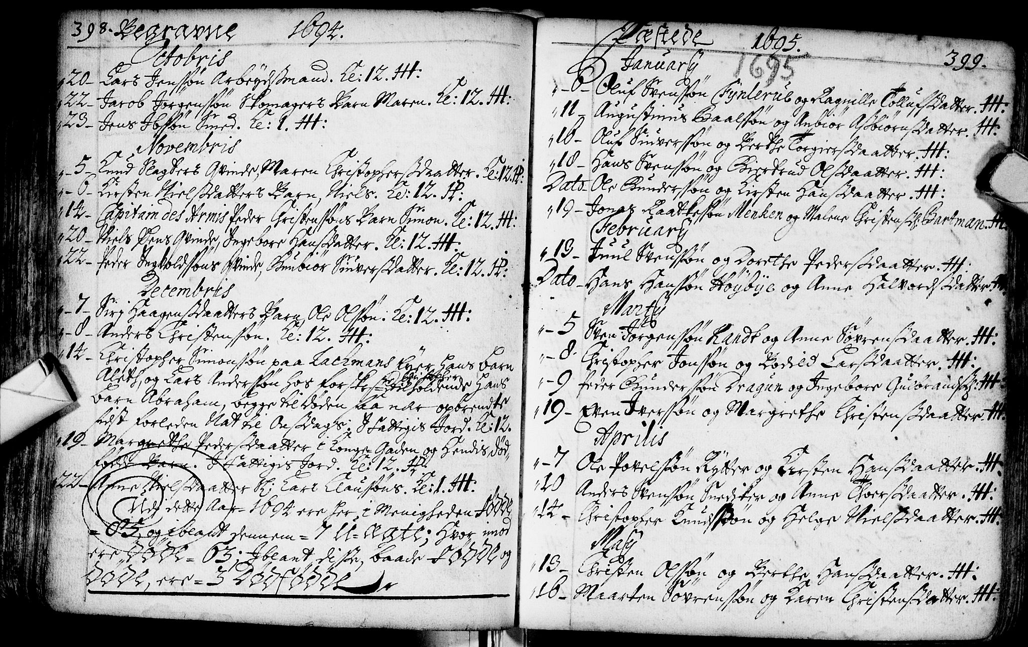 Bragernes kirkebøker, AV/SAKO-A-6/F/Fa/L0002: Ministerialbok nr. I 2, 1680-1705, s. 398-399