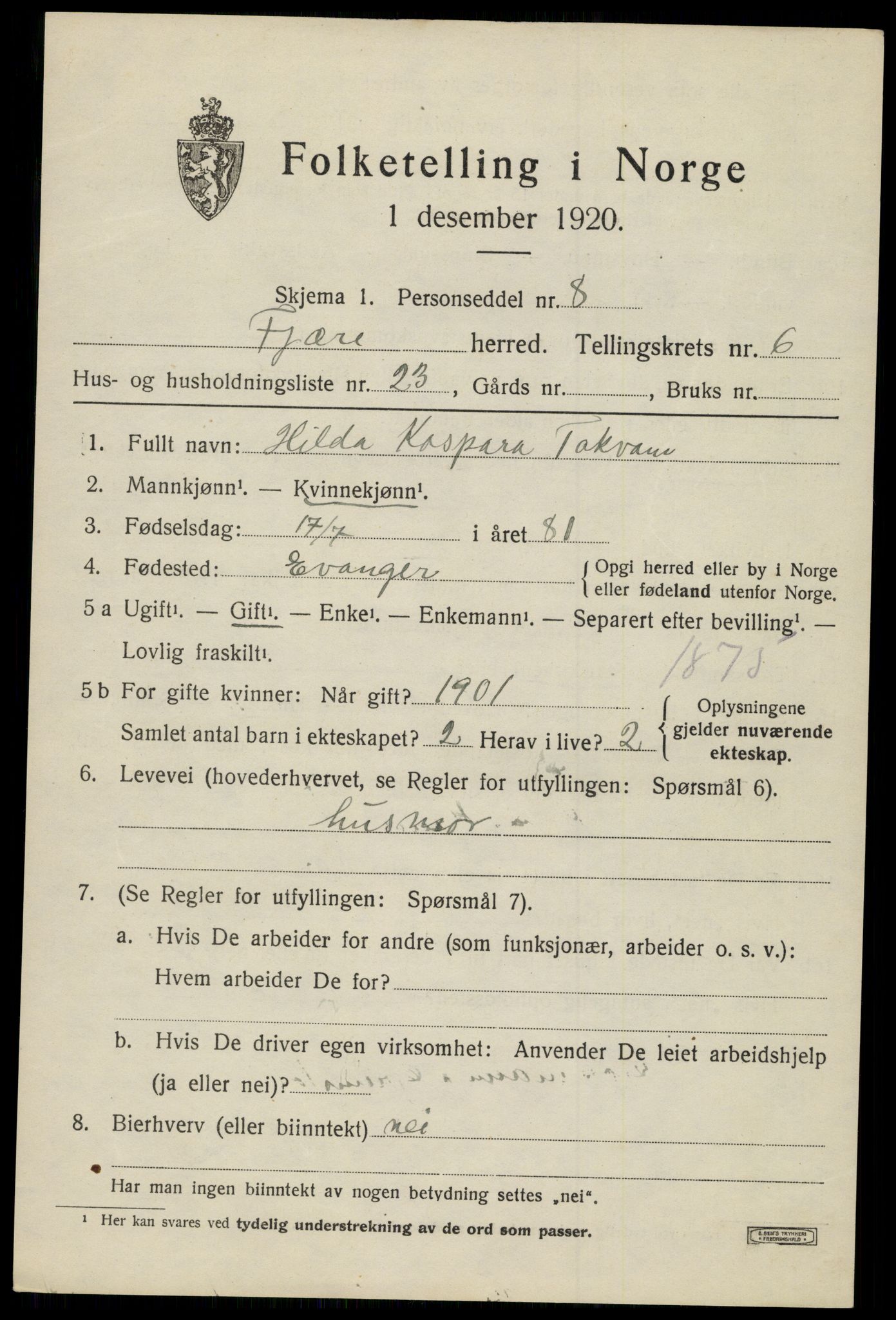 SAK, Folketelling 1920 for 0923 Fjære herred, 1920, s. 8493