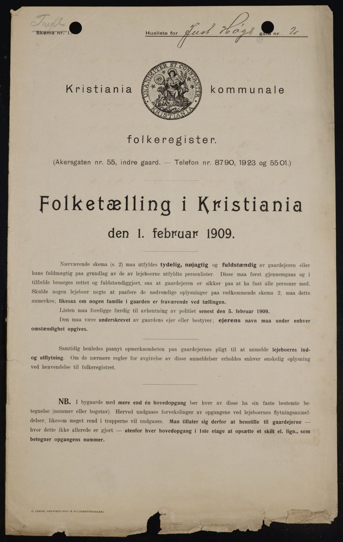 OBA, Kommunal folketelling 1.2.1909 for Kristiania kjøpstad, 1909, s. 43464