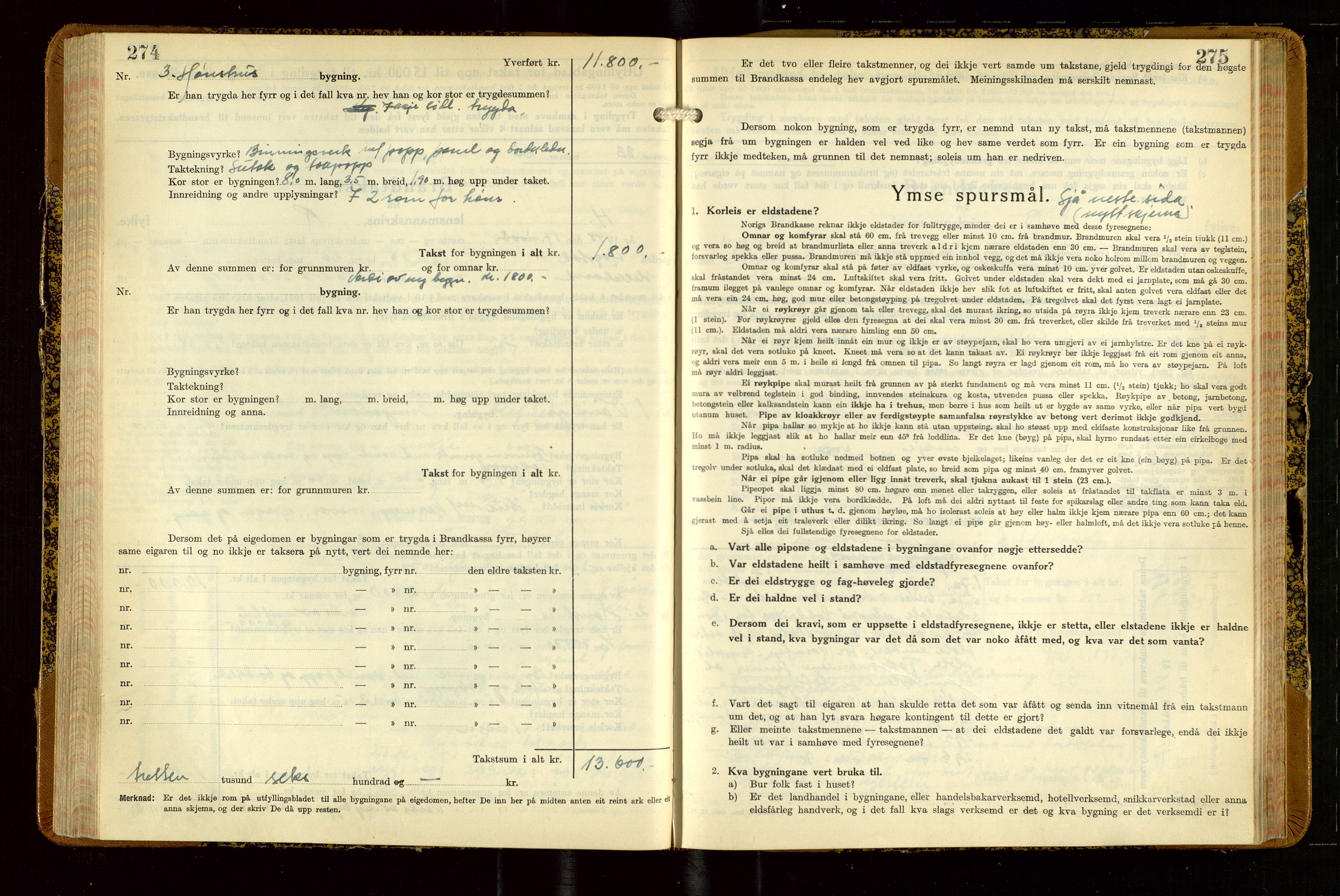 Helleland lensmannskontor, AV/SAST-A-100209/Gob/L0004: "Brandtakstbok", 1939-1949, s. 274-275