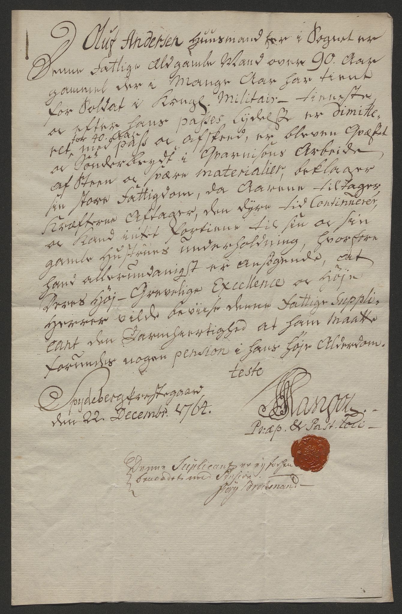 Forsvaret, Den norske kvesthuskasse/krigshospitalkasse, AV/RA-RAFA-1887/F/Fa/L0023: Ansøkninger om pensjon, pengelån m.v., 1765, s. 23