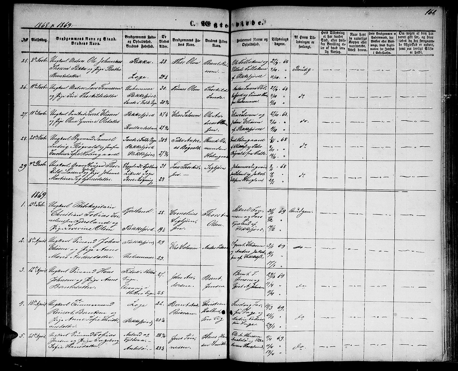 Flekkefjord sokneprestkontor, AV/SAK-1111-0012/F/Fb/Fbc/L0006: Klokkerbok nr. B 6, 1866-1879, s. 161