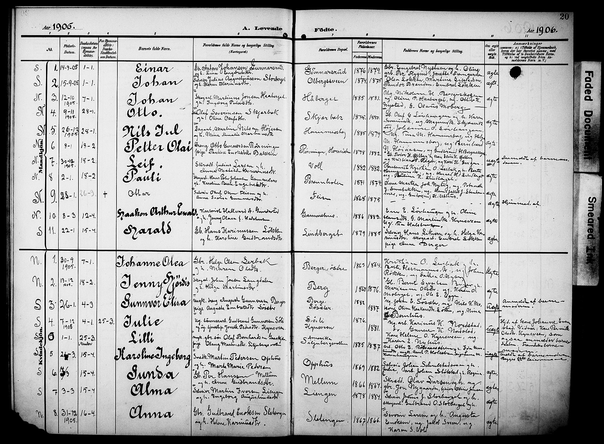 Elverum prestekontor, AV/SAH-PREST-044/H/Ha/Haa/L0016: Ministerialbok nr. 16, 1903-1912, s. 20