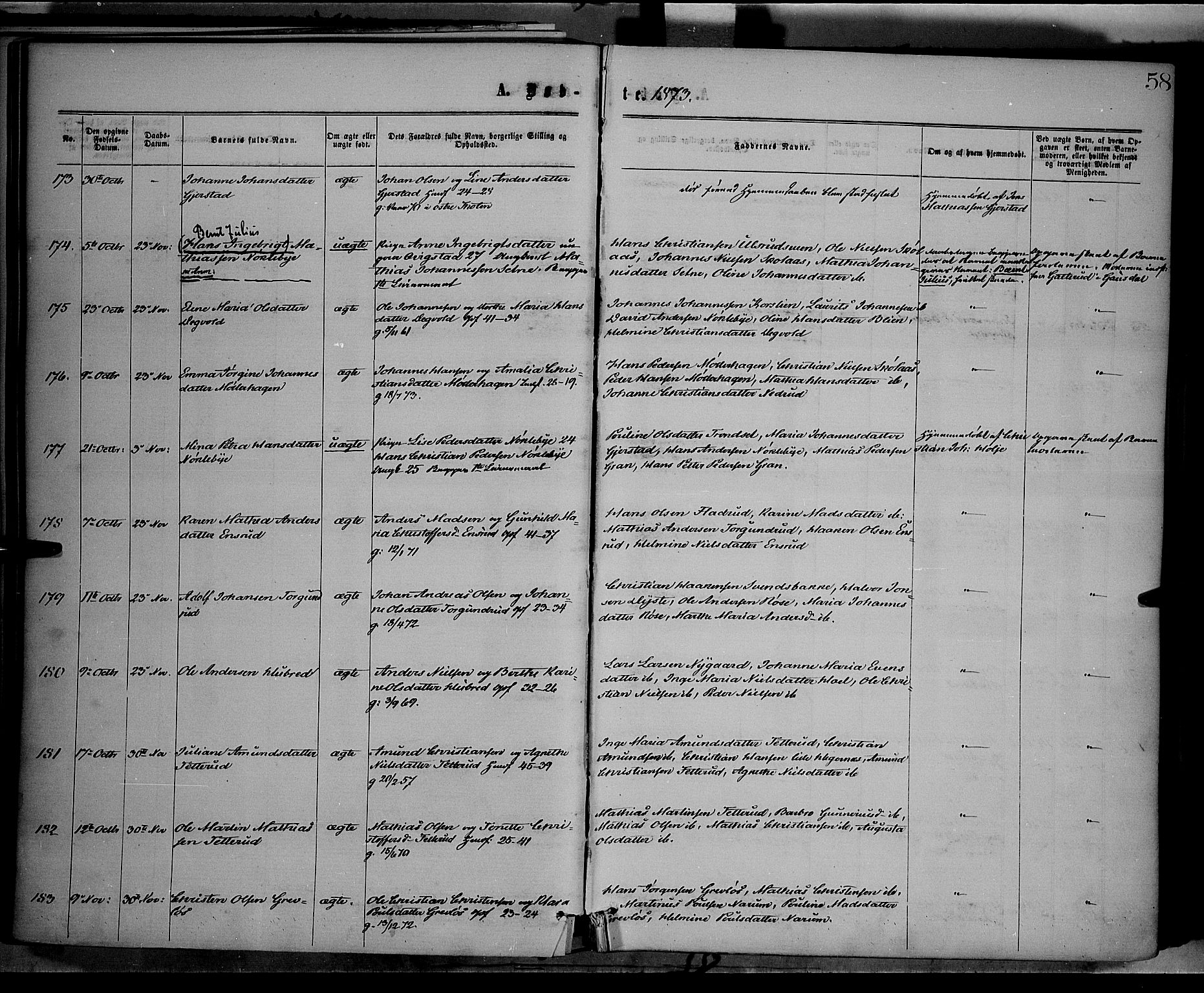 Vestre Toten prestekontor, SAH/PREST-108/H/Ha/Haa/L0008: Ministerialbok nr. 8, 1870-1877, s. 58