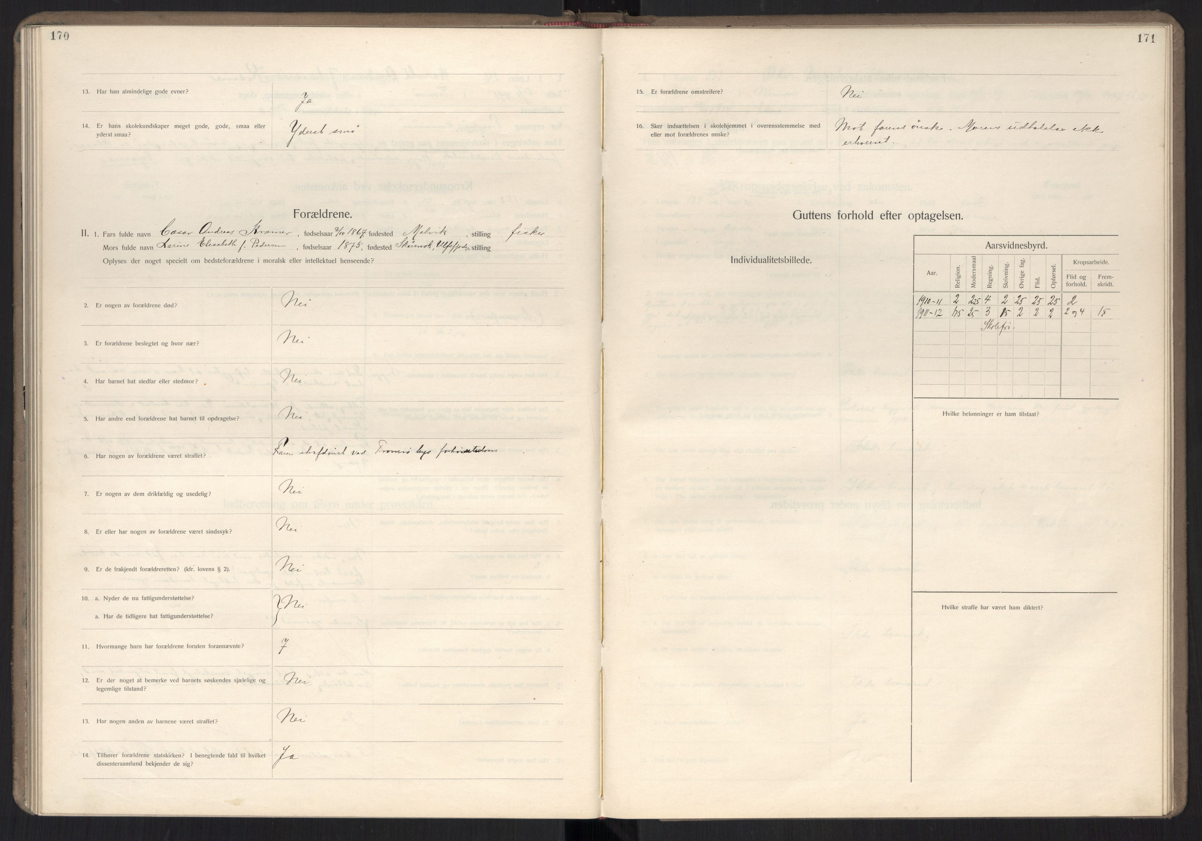 Falstad skolehjem, RA/S-1676/E/Ea/L0007: Elevprotokoll nr. 3 løpenr. 194-268, 1909-1913, s. 170-171