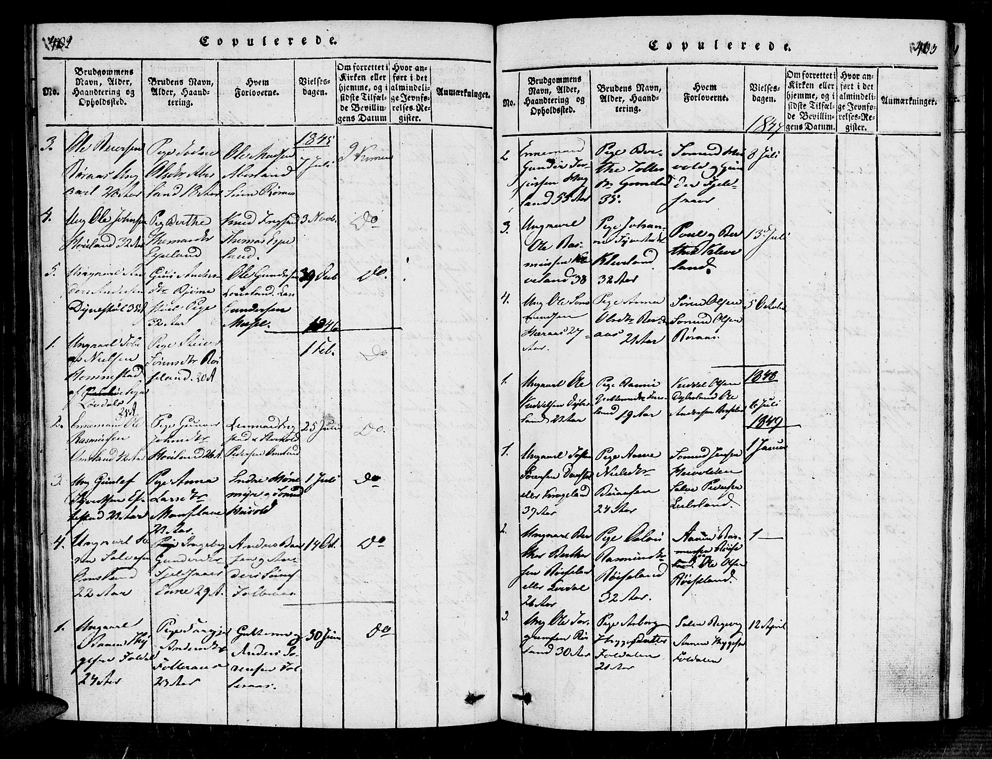 Bjelland sokneprestkontor, SAK/1111-0005/F/Fa/Fab/L0002: Ministerialbok nr. A 2, 1816-1869, s. 402-403
