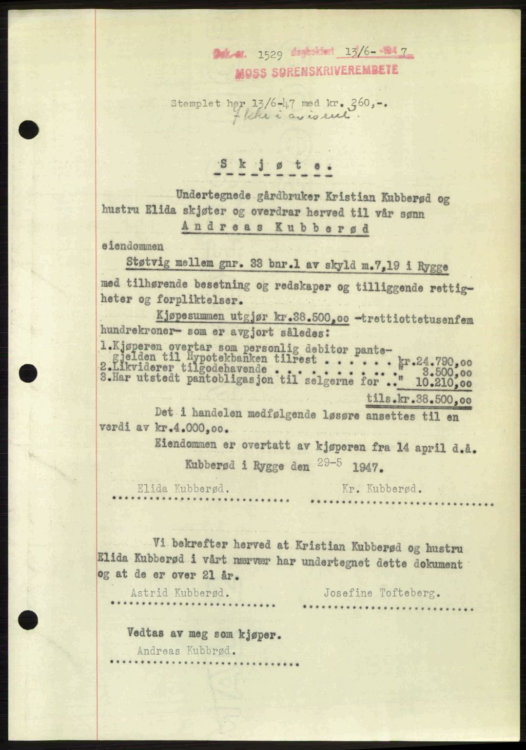 Moss sorenskriveri, SAO/A-10168: Pantebok nr. A17, 1947-1947, Dagboknr: 1529/1947