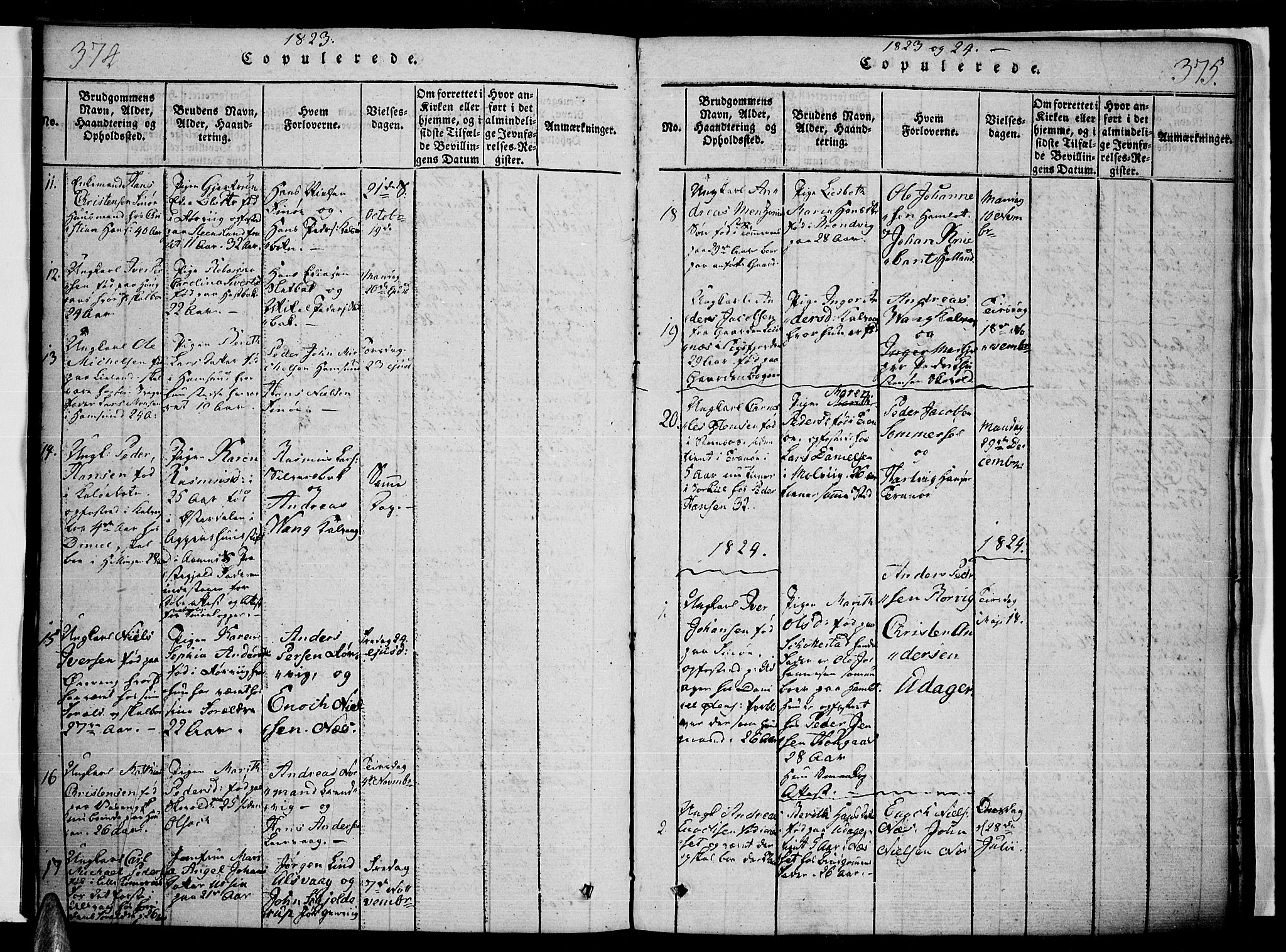 Ministerialprotokoller, klokkerbøker og fødselsregistre - Nordland, AV/SAT-A-1459/859/L0842: Ministerialbok nr. 859A02, 1821-1839, s. 374-375