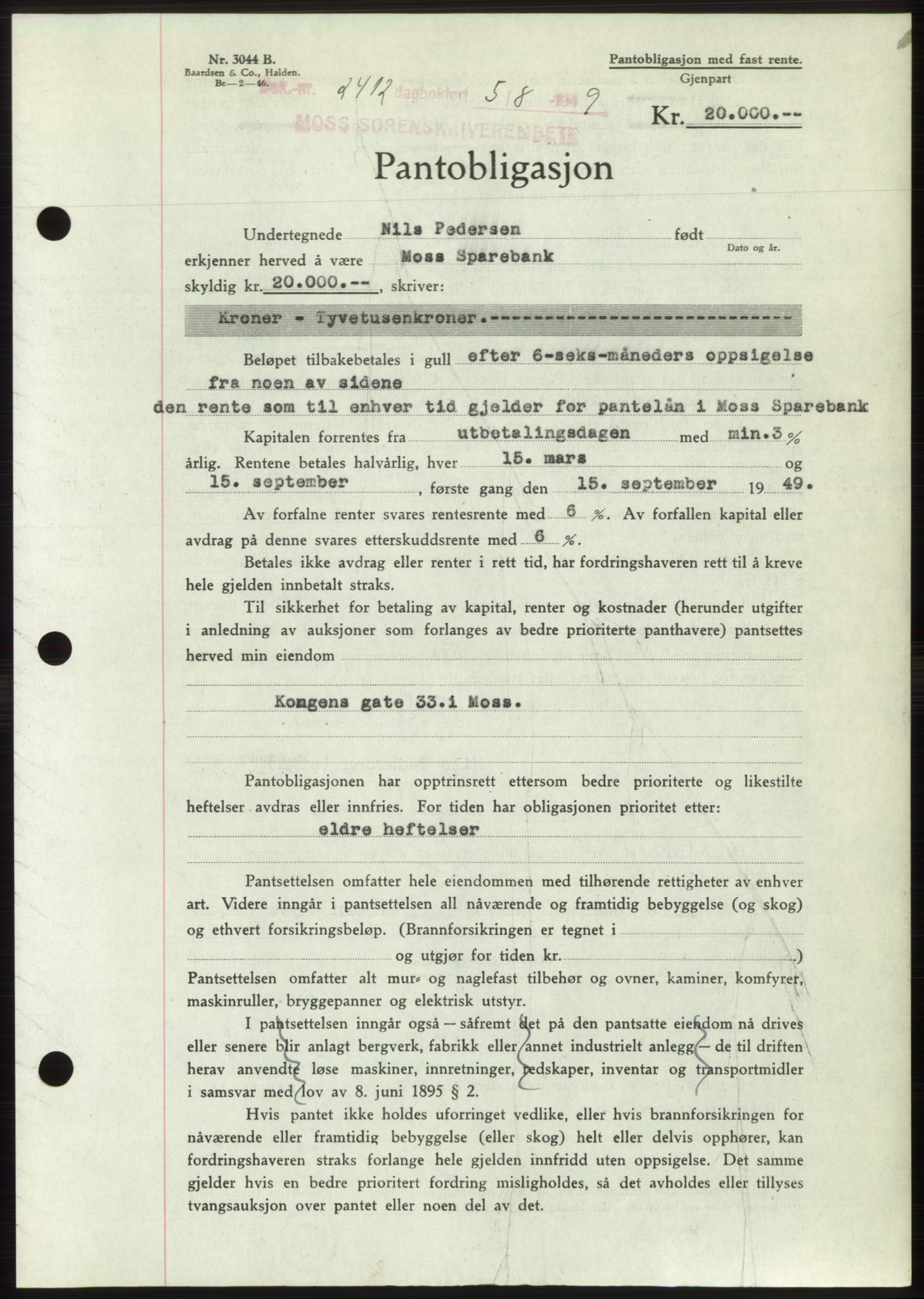 Moss sorenskriveri, SAO/A-10168: Pantebok nr. B22, 1949-1949, Dagboknr: 2412/1949
