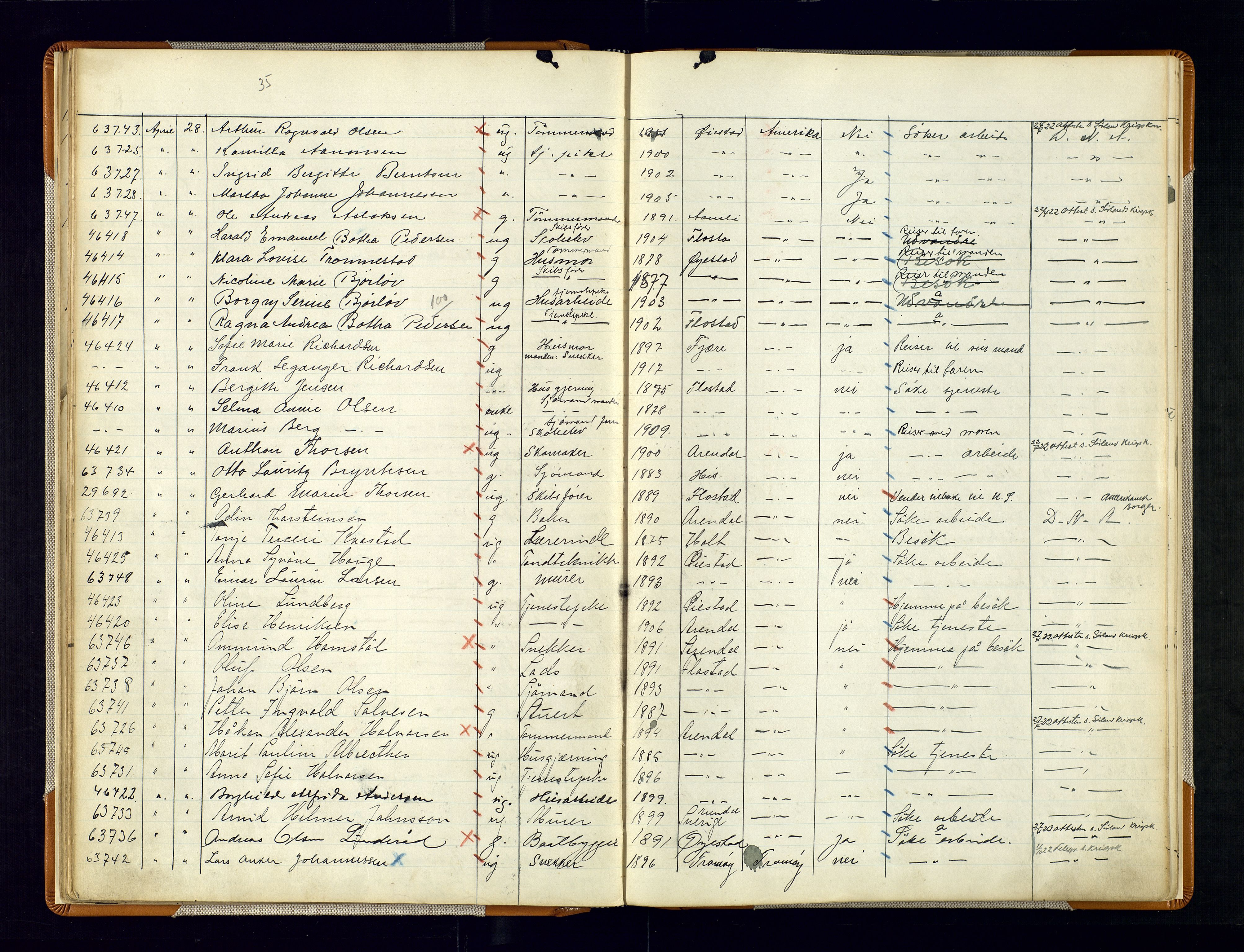 Arendal politikammer - 1, AV/SAK-1243-0001/K/Kb/L0110: Emigrantprotokoll, 1916-1930, s. 37