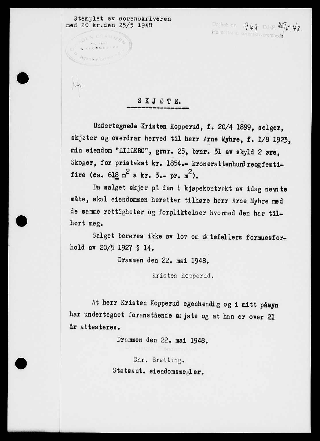 Holmestrand sorenskriveri, SAKO/A-67/G/Ga/Gaa/L0064: Pantebok nr. A-64, 1948-1948, Dagboknr: 969/1948