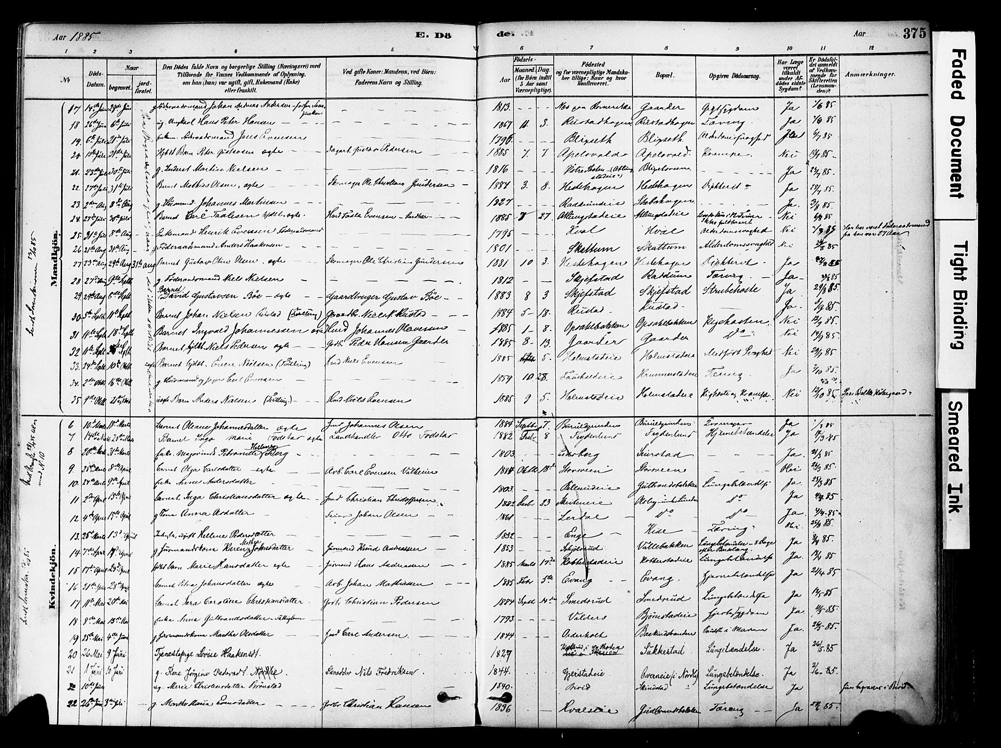Østre Toten prestekontor, AV/SAH-PREST-104/H/Ha/Haa/L0006: Ministerialbok nr. 6 /1, 1878-1896, s. 375