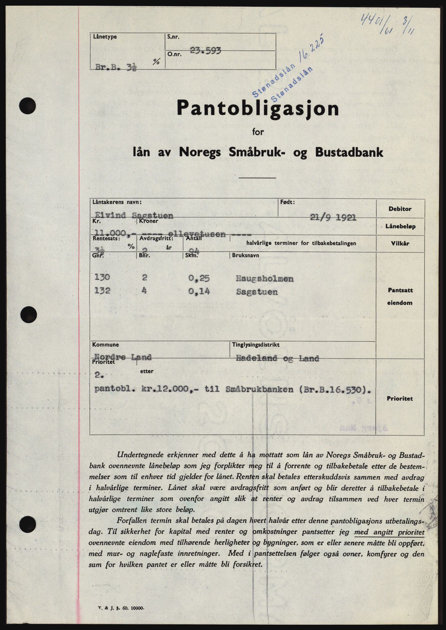Hadeland og Land tingrett, SAH/TING-010/H/Hb/Hbc/L0047: Pantebok nr. B47, 1961-1962, Dagboknr: 4401/1961