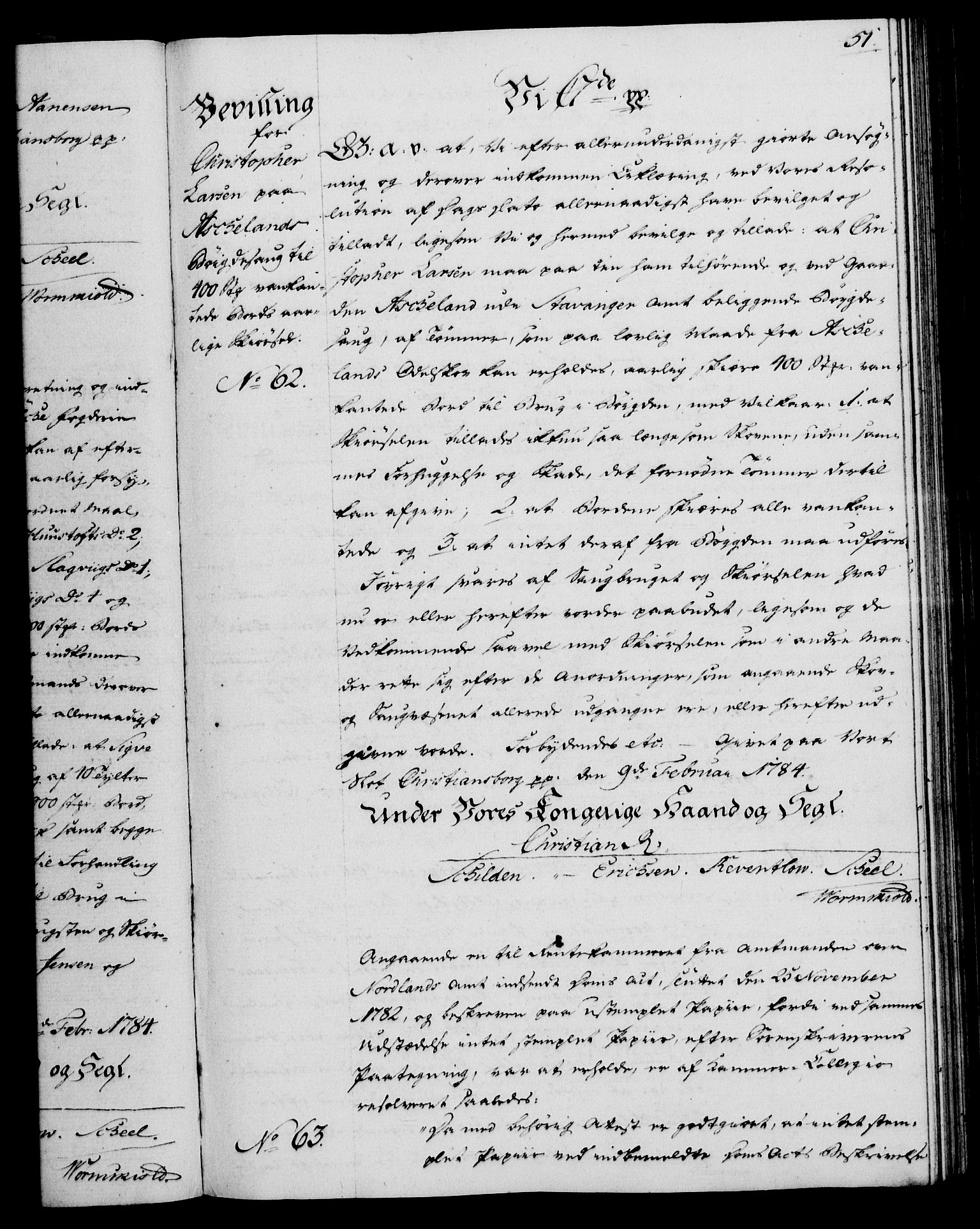 Rentekammeret, Kammerkanselliet, RA/EA-3111/G/Gg/Gga/L0013: Norsk ekspedisjonsprotokoll med register (merket RK 53.13), 1784-1787, s. 51