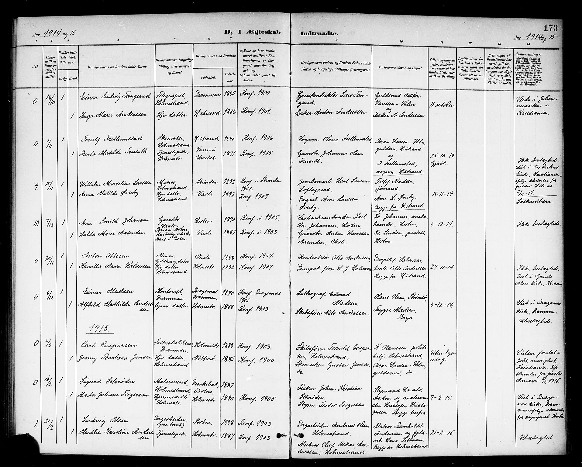 Holmestrand kirkebøker, AV/SAKO-A-346/G/Ga/L0006: Klokkerbok nr. 6, 1901-1923, s. 173