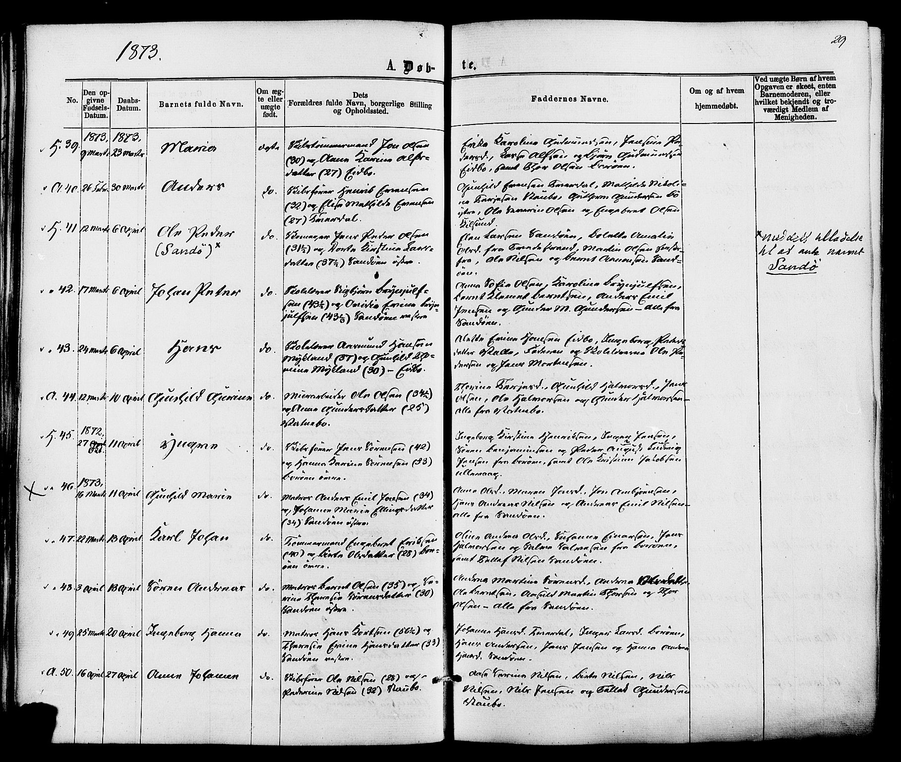 Dypvåg sokneprestkontor, AV/SAK-1111-0007/F/Fa/Faa/L0007: Ministerialbok nr. A 7/ 1, 1872-1884, s. 29