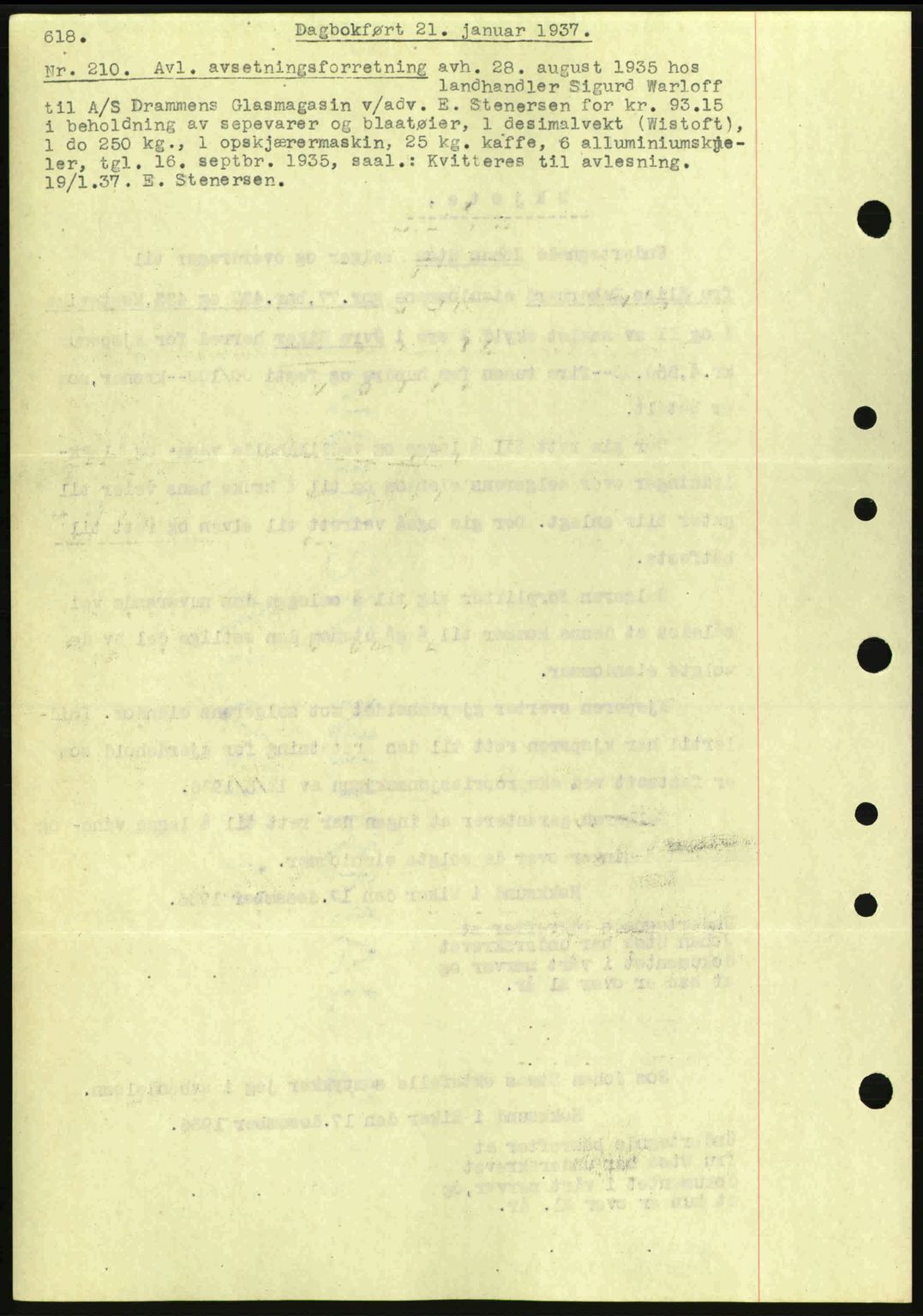 Eiker, Modum og Sigdal sorenskriveri, SAKO/A-123/G/Ga/Gab/L0034: Pantebok nr. A4, 1936-1937, Dagboknr: 210/1937
