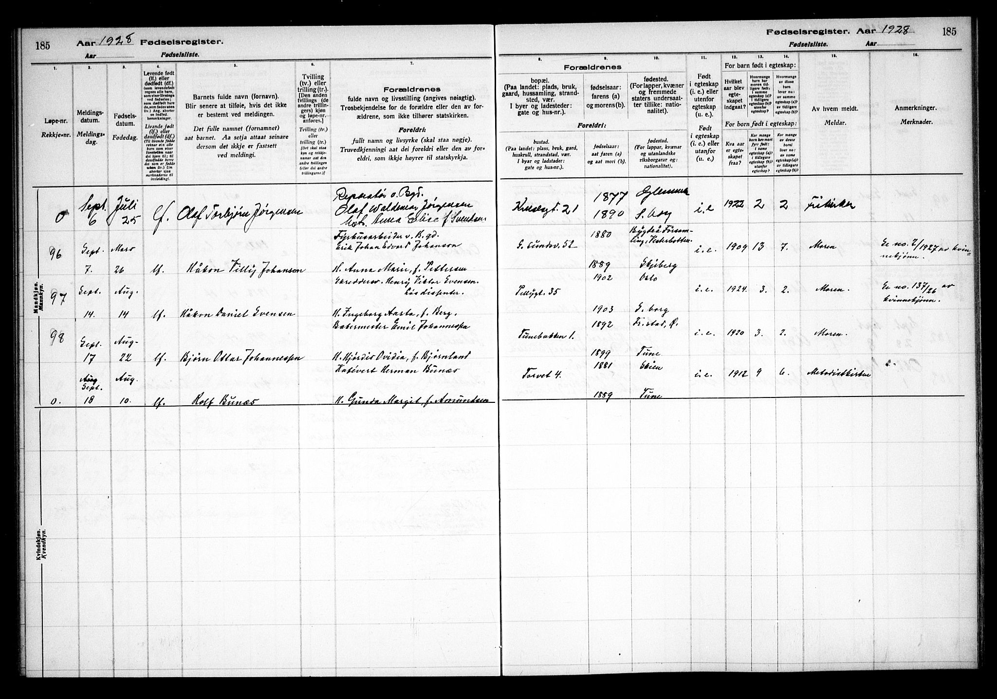 Sarpsborg prestekontor Kirkebøker, AV/SAO-A-2006/J/Ja/L0002: Fødselsregister nr. 2, 1922-1928, s. 185