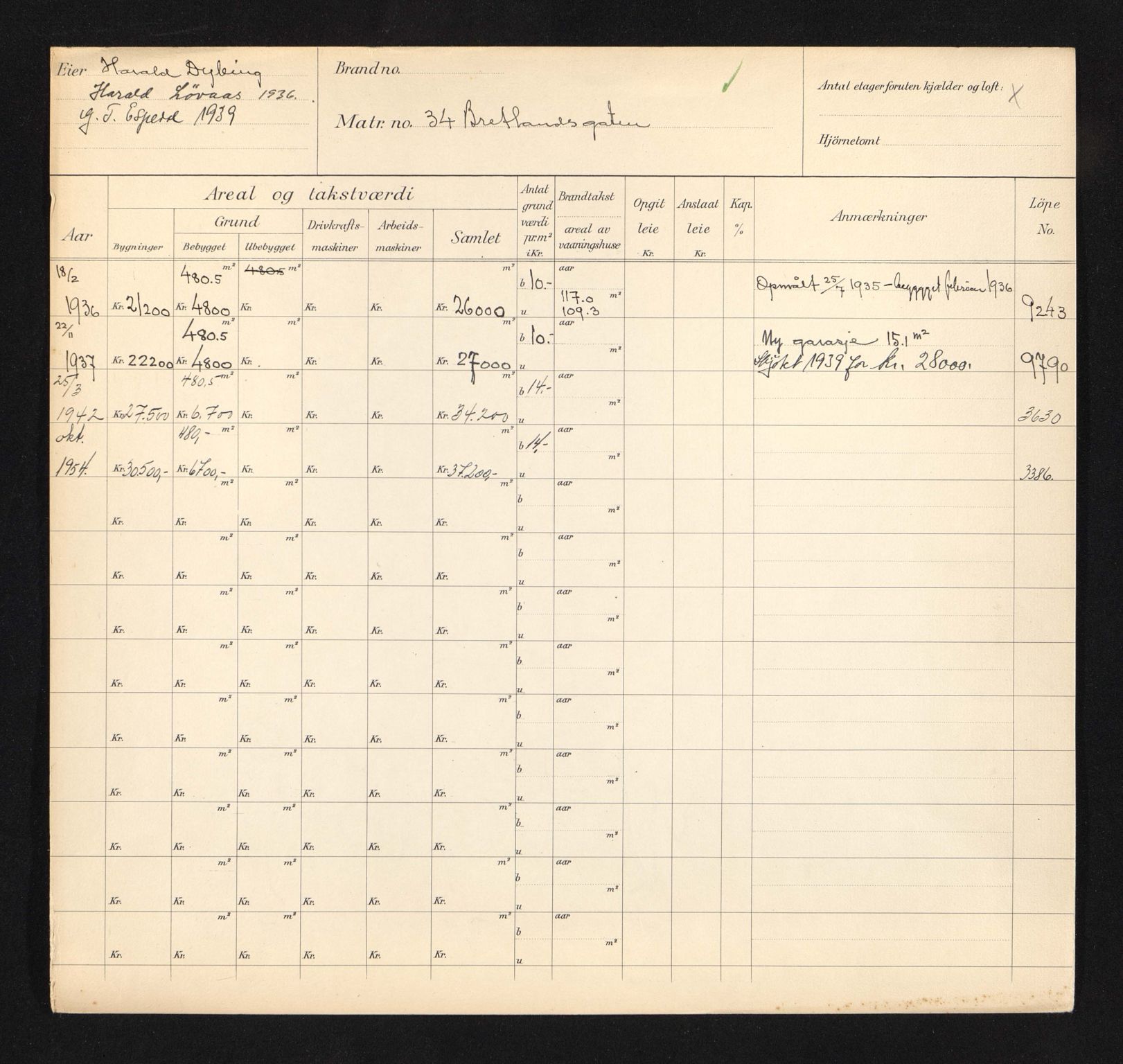 Stavanger kommune. Skattetakstvesenet, BYST/A-0440/F/Fa/Faa/L0006/0004: Skattetakstkort / Bretlandsgata 32 - 62