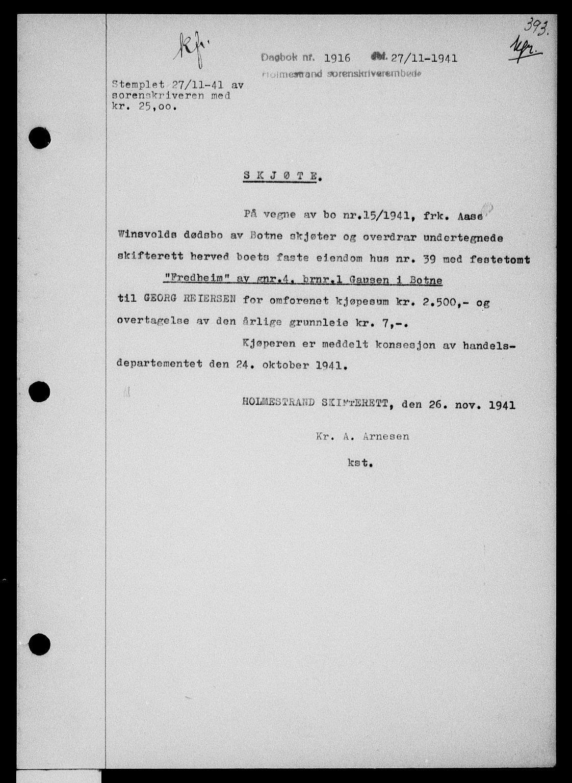 Holmestrand sorenskriveri, SAKO/A-67/G/Ga/Gaa/L0054: Pantebok nr. A-54, 1941-1942, Dagboknr: 1916/1941