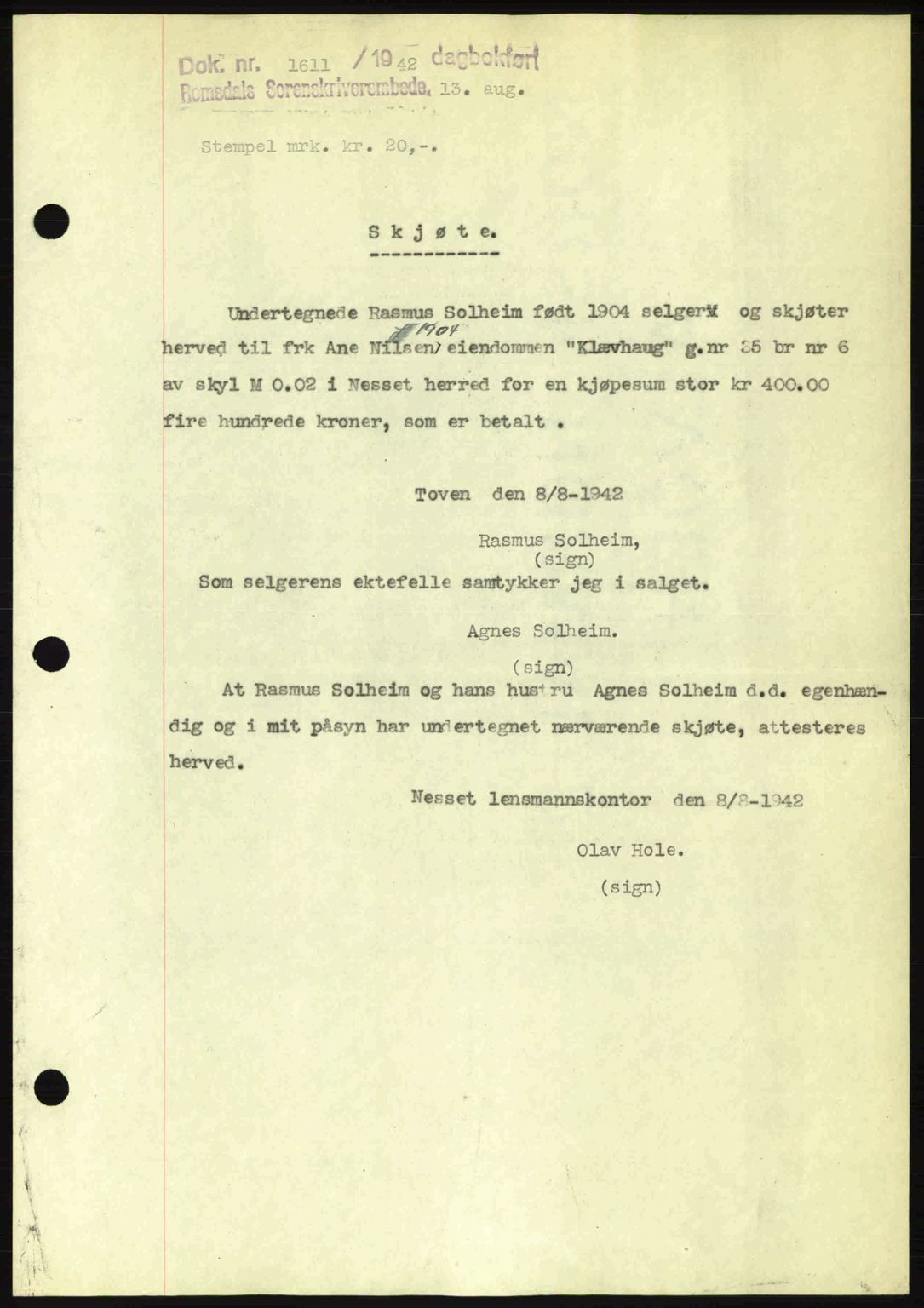 Romsdal sorenskriveri, SAT/A-4149/1/2/2C: Pantebok nr. A12, 1942-1942, Dagboknr: 1611/1942