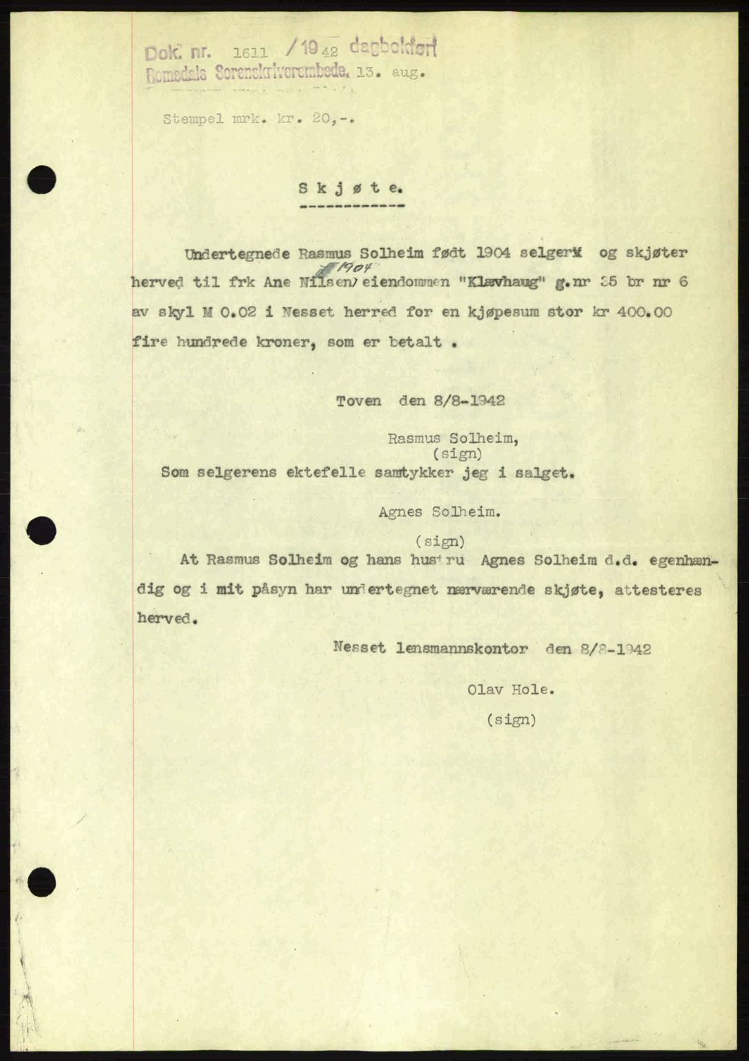 Romsdal sorenskriveri, AV/SAT-A-4149/1/2/2C: Pantebok nr. A12, 1942-1942, Dagboknr: 1611/1942