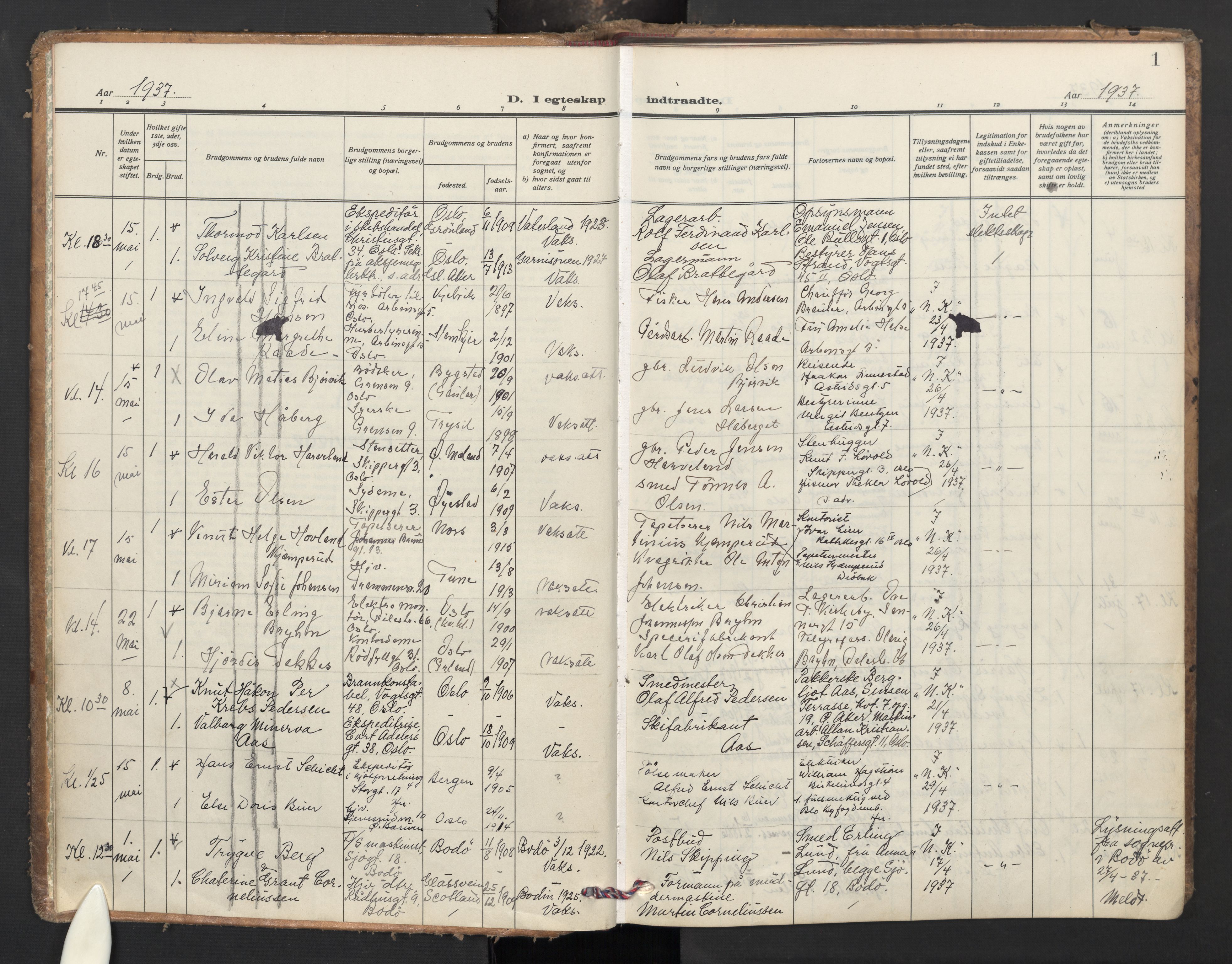 Oslo domkirke Kirkebøker, AV/SAO-A-10752/G/Ga/L0007: Klokkerbok nr. 7, 1937-1951, s. 1