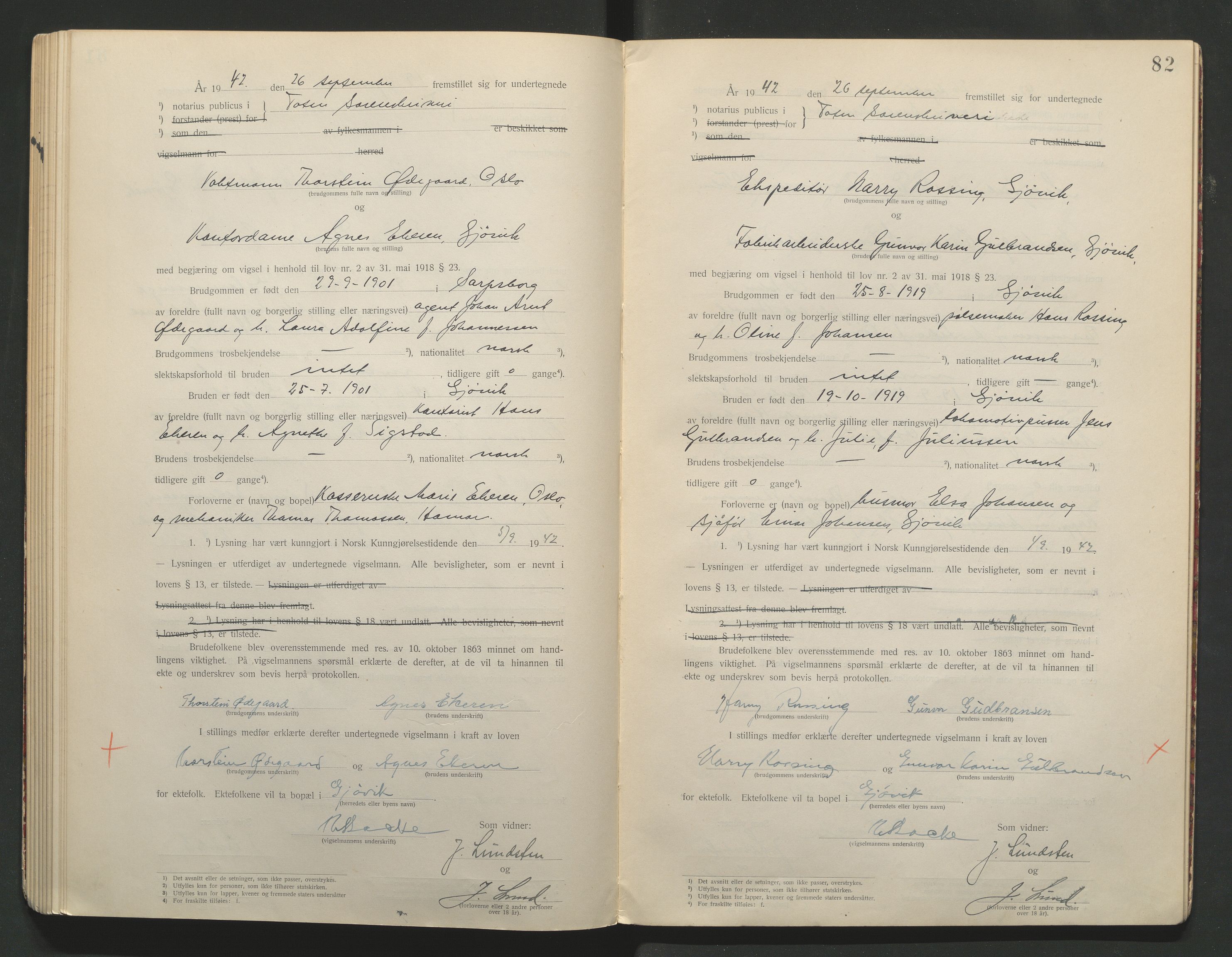 Toten tingrett, AV/SAH-TING-006/L/Lc/L0001: Vigselbok, 1920-1942, s. 82