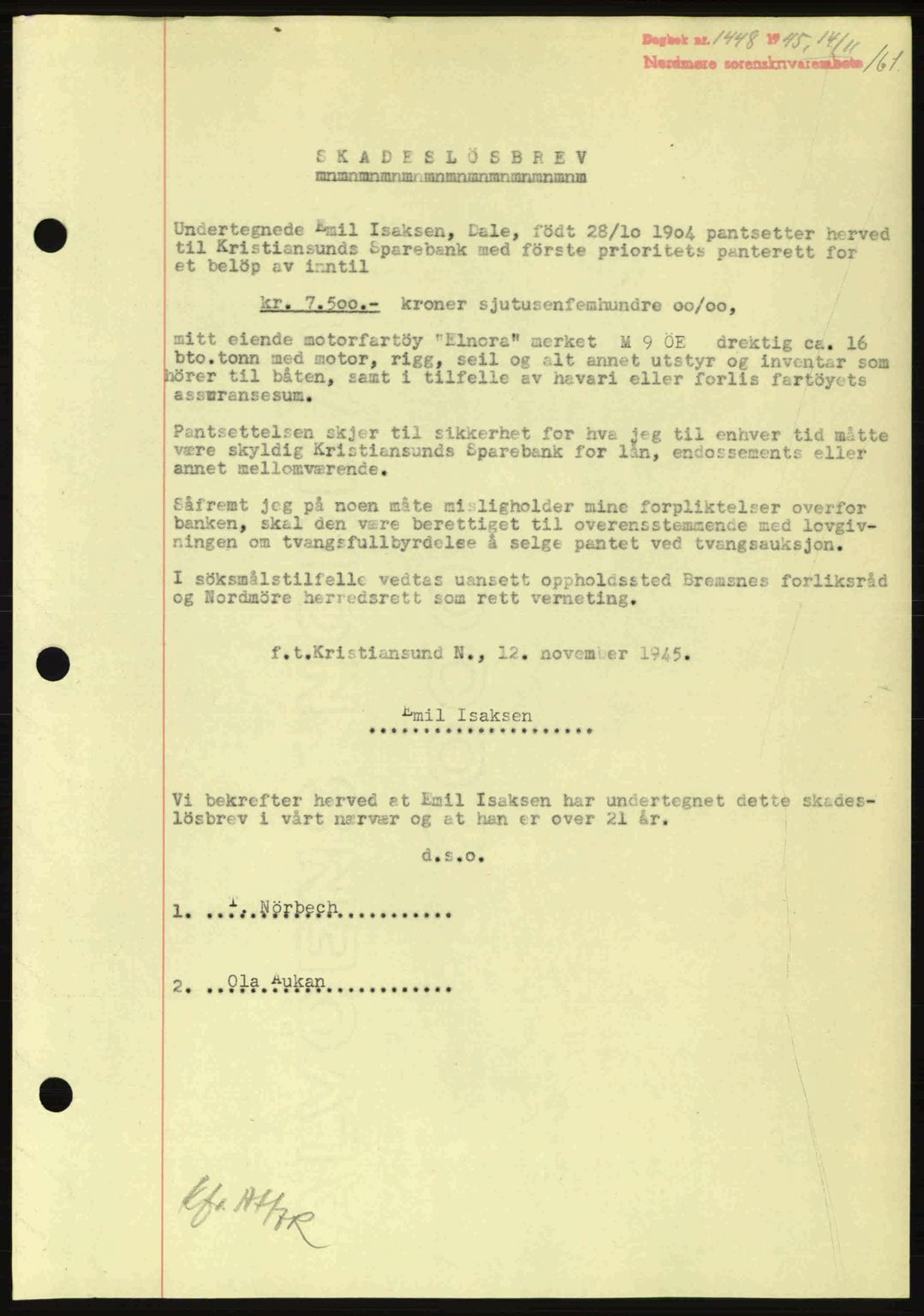 Nordmøre sorenskriveri, AV/SAT-A-4132/1/2/2Ca: Pantebok nr. B93a, 1945-1945, Dagboknr: 1448/1945