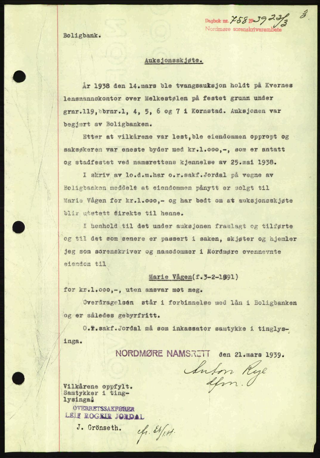 Nordmøre sorenskriveri, SAT/A-4132/1/2/2Ca: Pantebok nr. A86, 1939-1939, Dagboknr: 758/1939