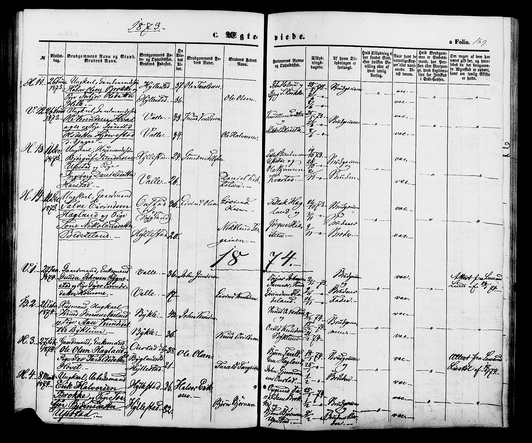 Valle sokneprestkontor, AV/SAK-1111-0044/F/Fa/Fac/L0008: Ministerialbok nr. A 8, 1868-1882, s. 169