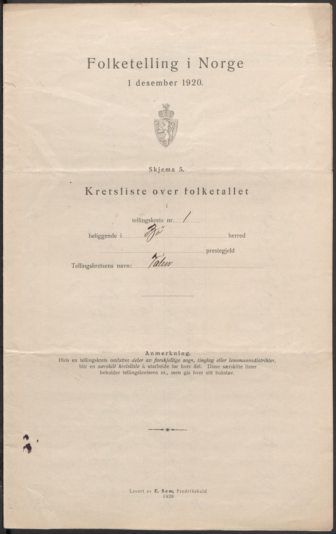 SAKO, Folketelling 1920 for 0821 Bø herred, 1920, s. 5