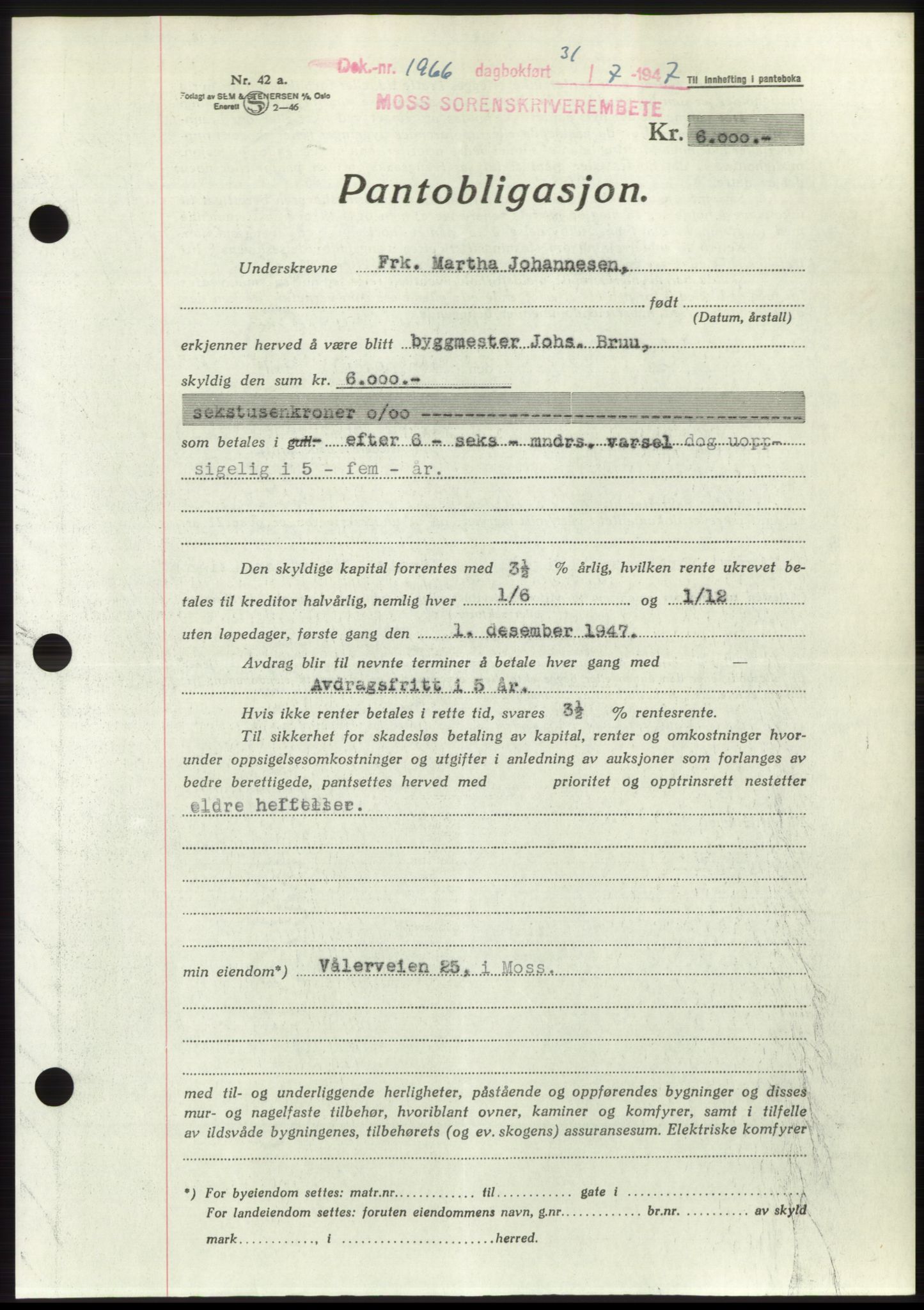 Moss sorenskriveri, SAO/A-10168: Pantebok nr. B17, 1947-1947, Dagboknr: 1966/1947